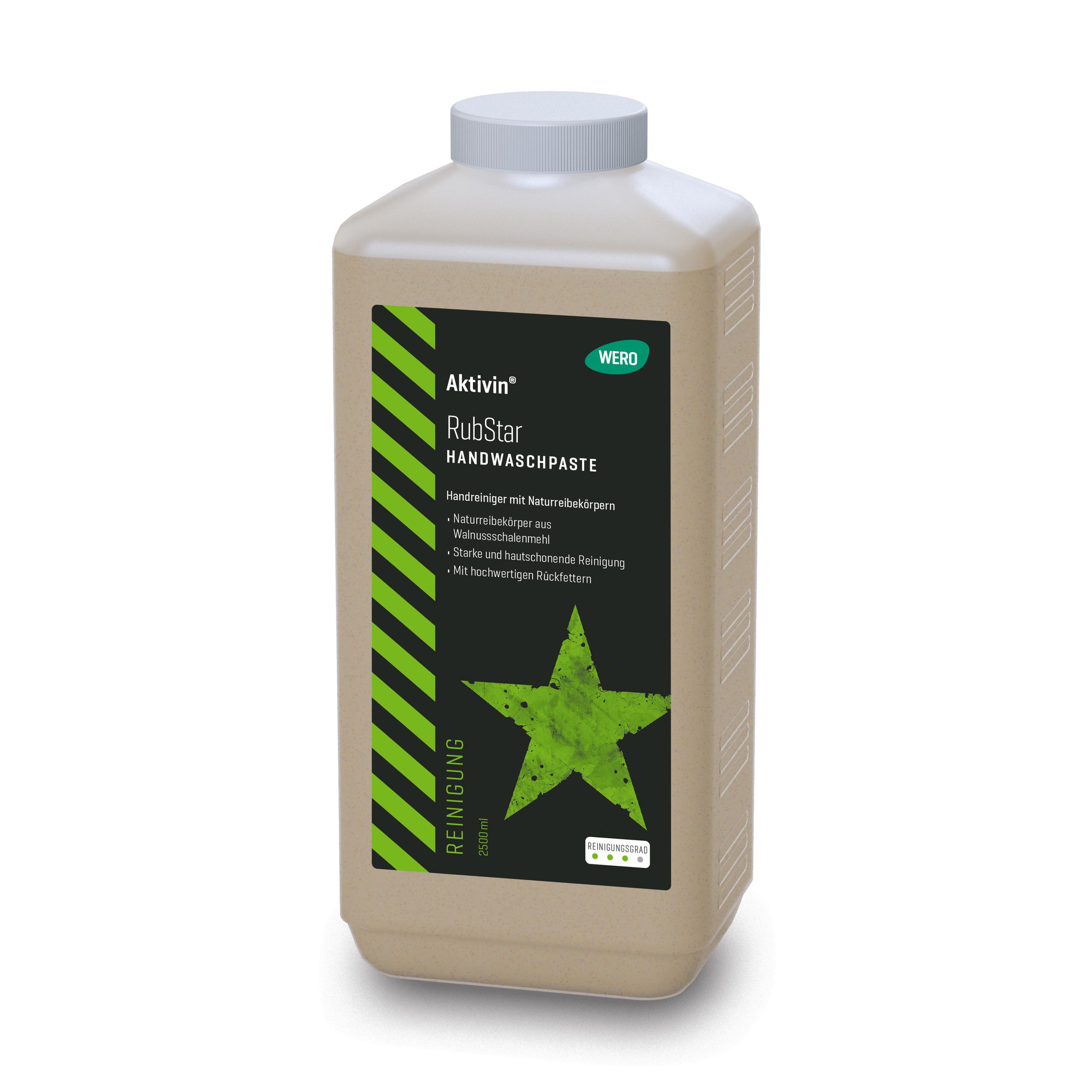 Beige Euroflasche Hautreinigung Aktivin® RubStar 2.500 ml mit schwarzem Etikett, beworben mit hoher Reinigungskraft, Naturreibekörpern und Rückfettern.