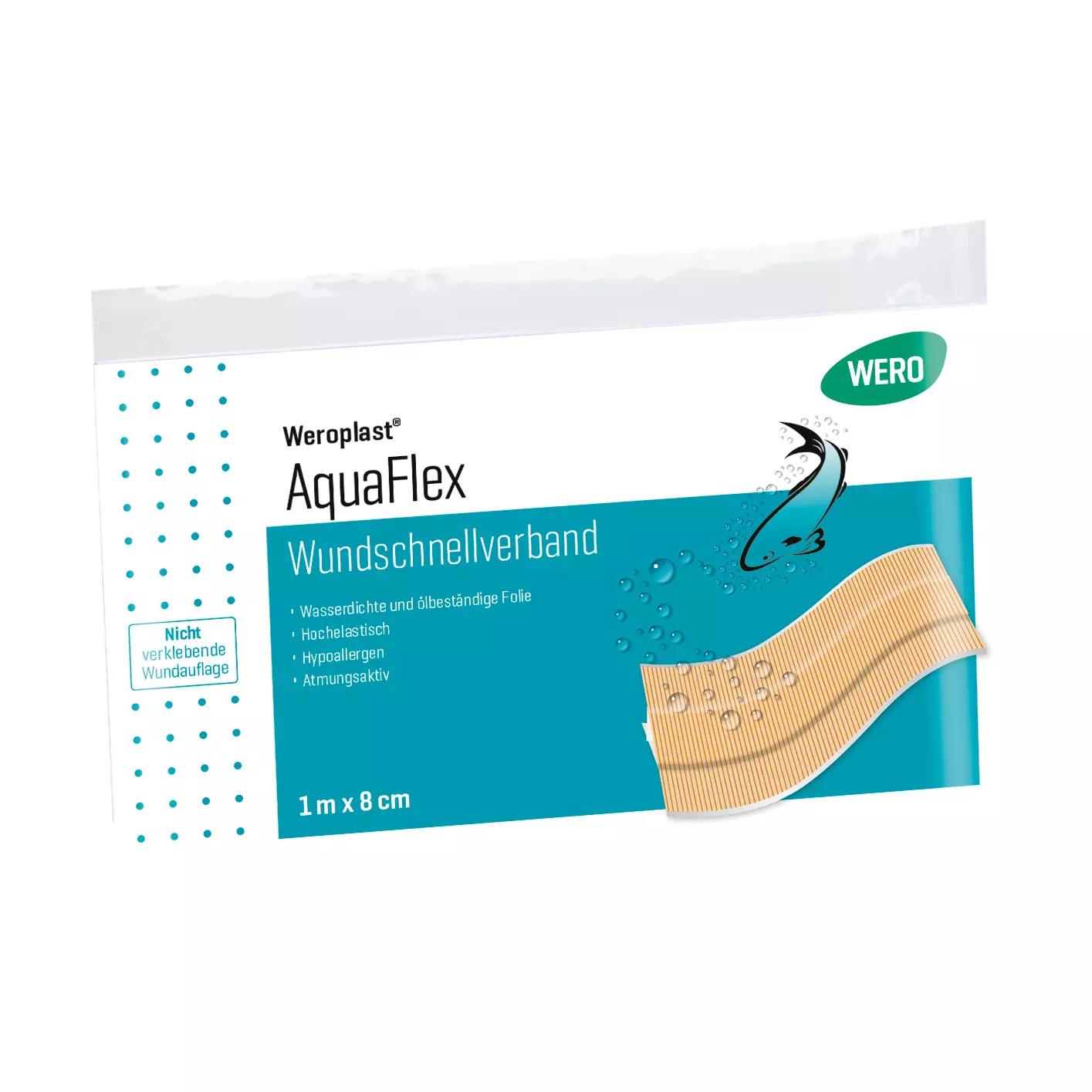 Wundschnellverband Weroplast® AquaFlex - 8 cm, 1 m Packung mit Wasserfestigkeit, hoher Elastizität und hypoallergenem Kleber, zeigt Fisch- und Tropfengrafik.