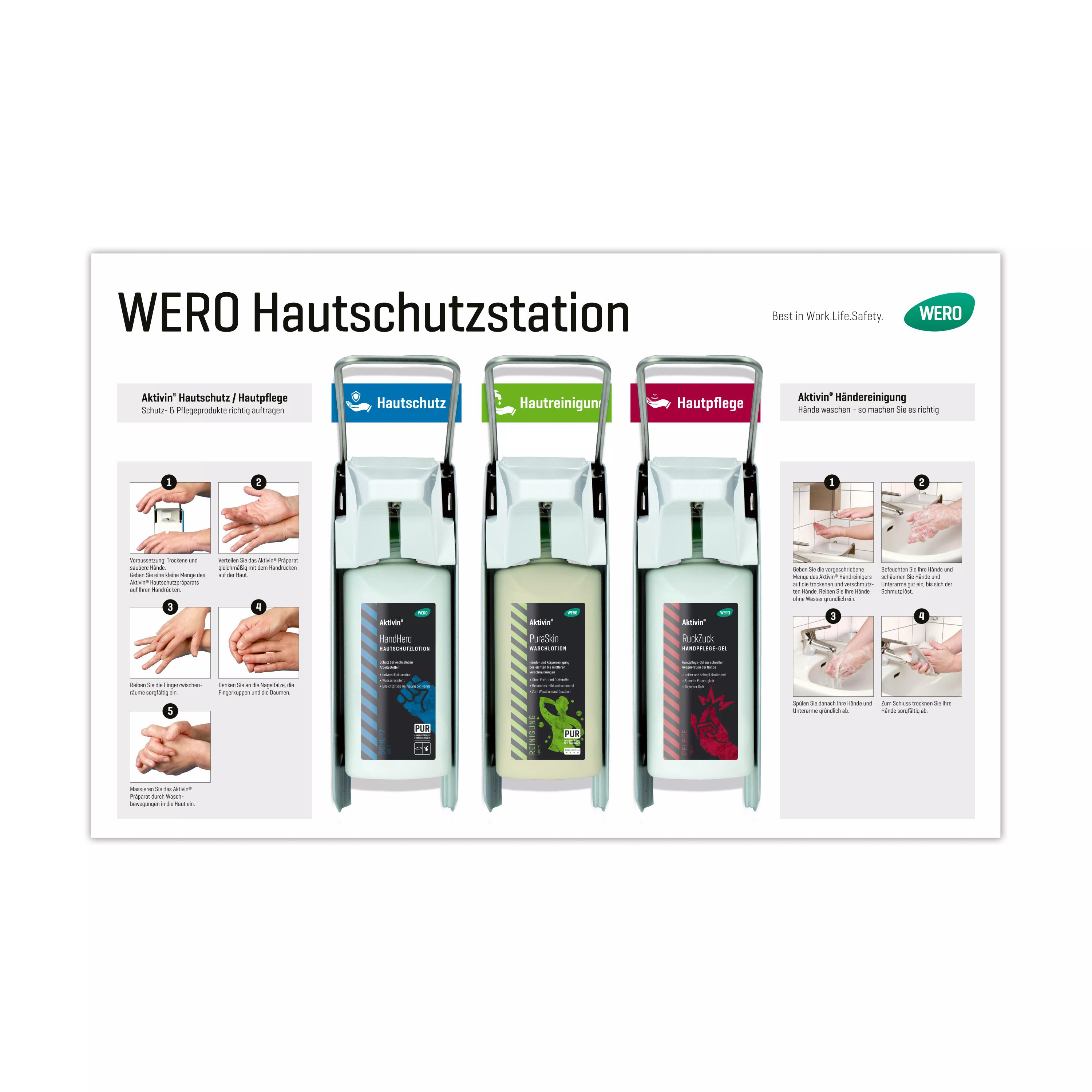 Drei Spender stehen auf der WERO Hautschutzstation - Druck 1, jeweils mit Anleitung zur Anwendung von Hautschutz, Hautreinigung und Hautpflege.