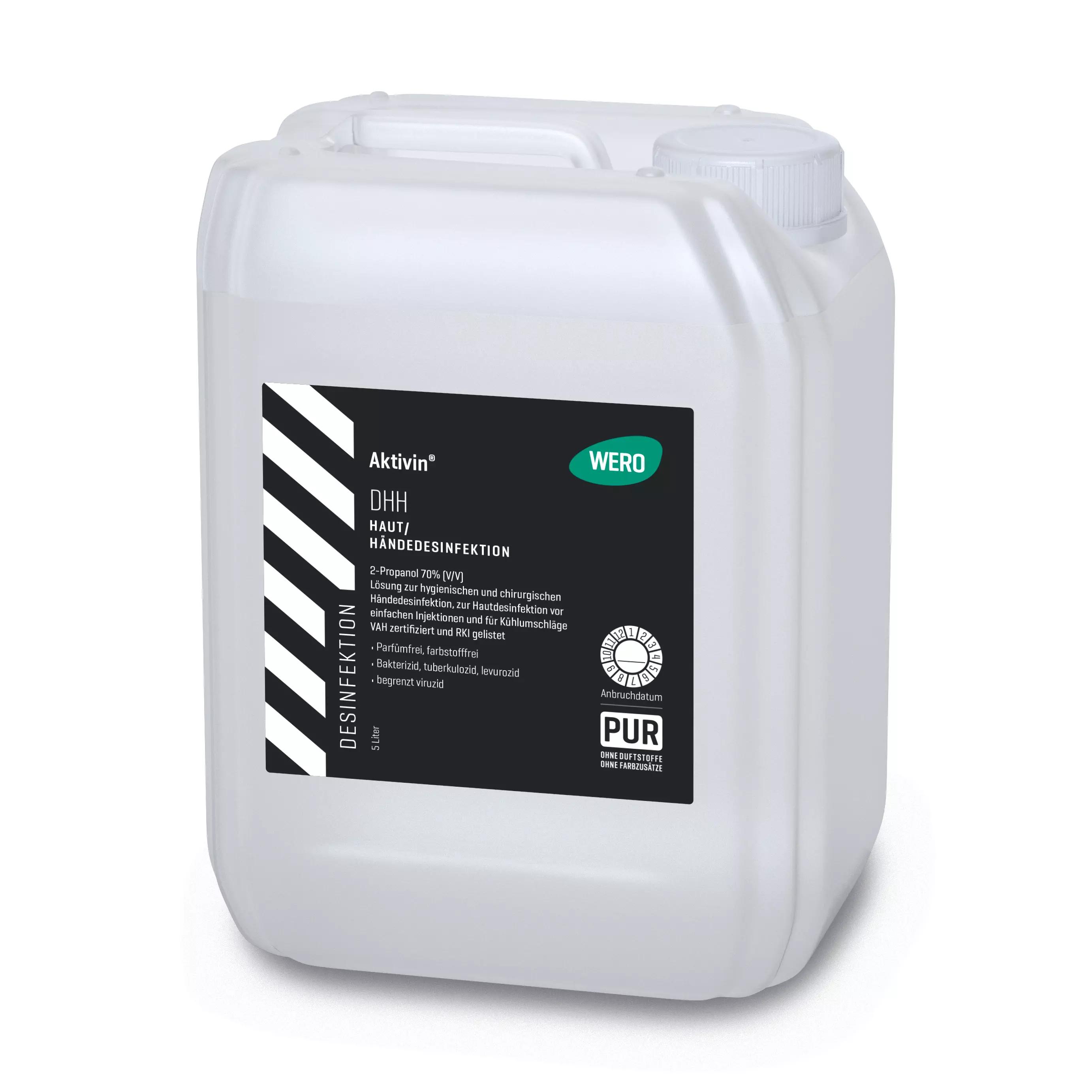 Ein weißer Kanister Haut- und Händedesinfektionsmittel Aktivin® DHH, 5 Ltr, mit 70 % 2-Propanol und beschriftetem Etikett.