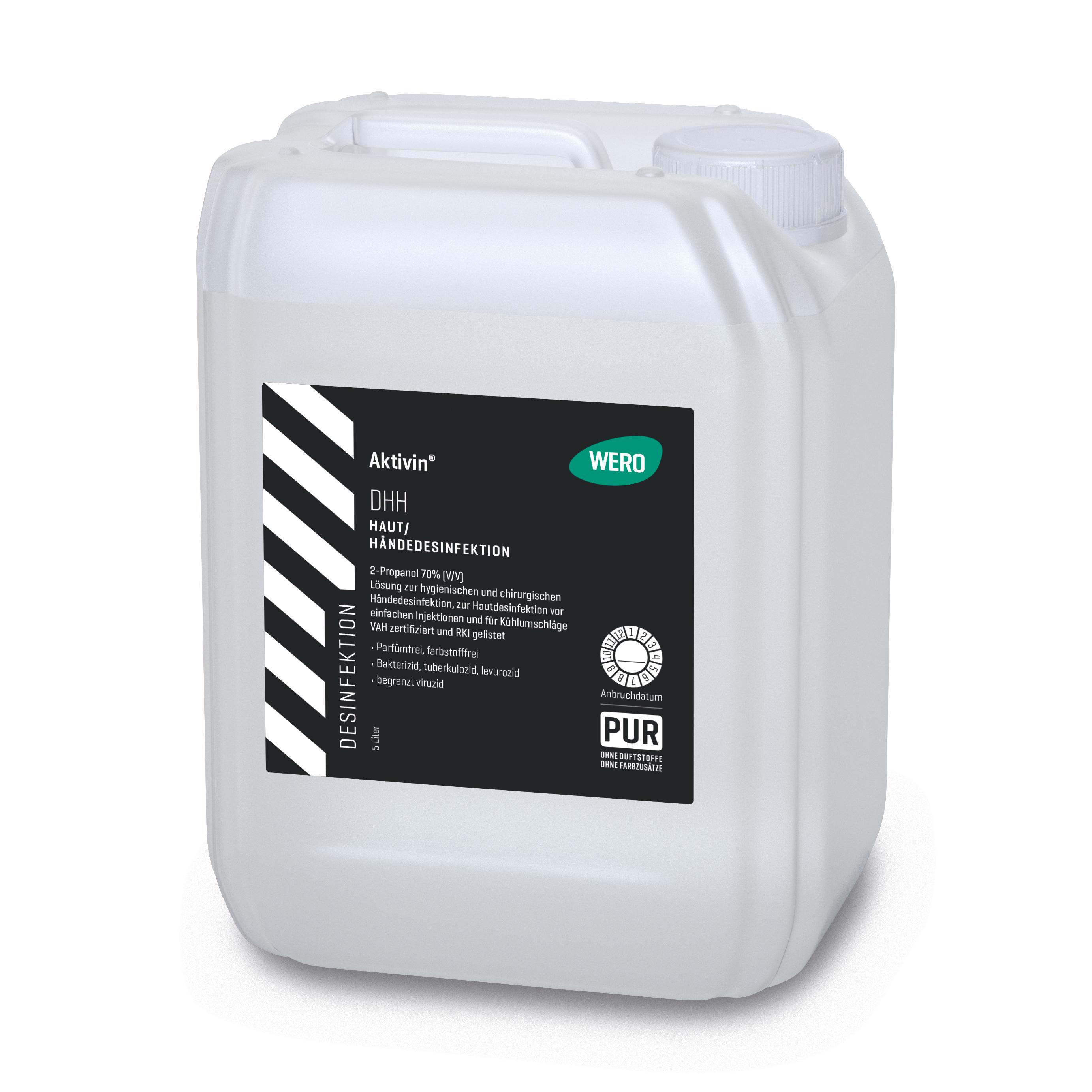 Ein weißer Kanister Haut- und Händedesinfektionsmittel Aktivin® DHH, 5 Ltr, mit 70 % 2-Propanol und beschriftetem Etikett.