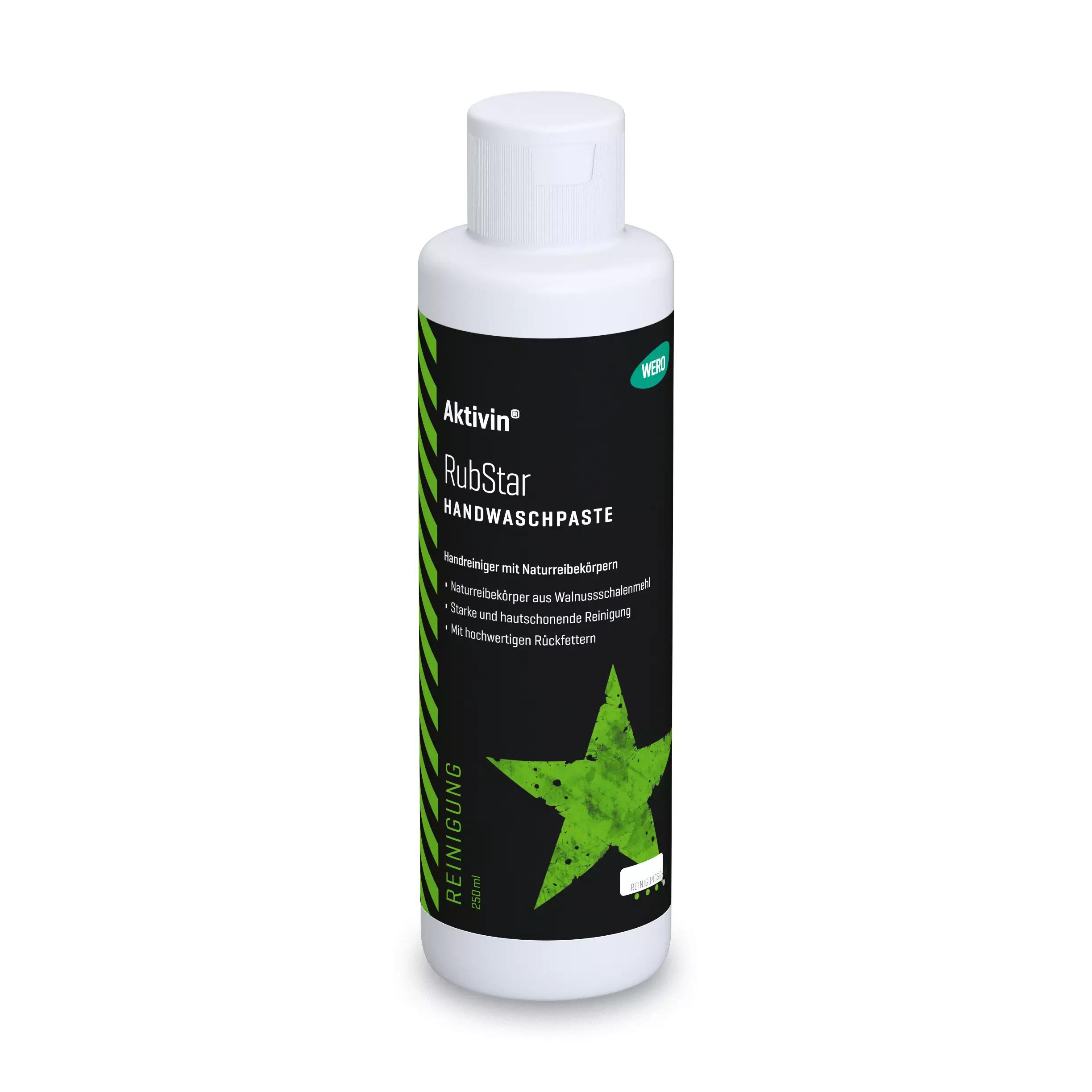 Eine 250-ml-Flasche Hautreinigung Aktivin® RubStar mit grüner Etikett, enthält eine cremige Handwaschpaste mit hoher Reinigungskraft und Walnussschalenmehl.