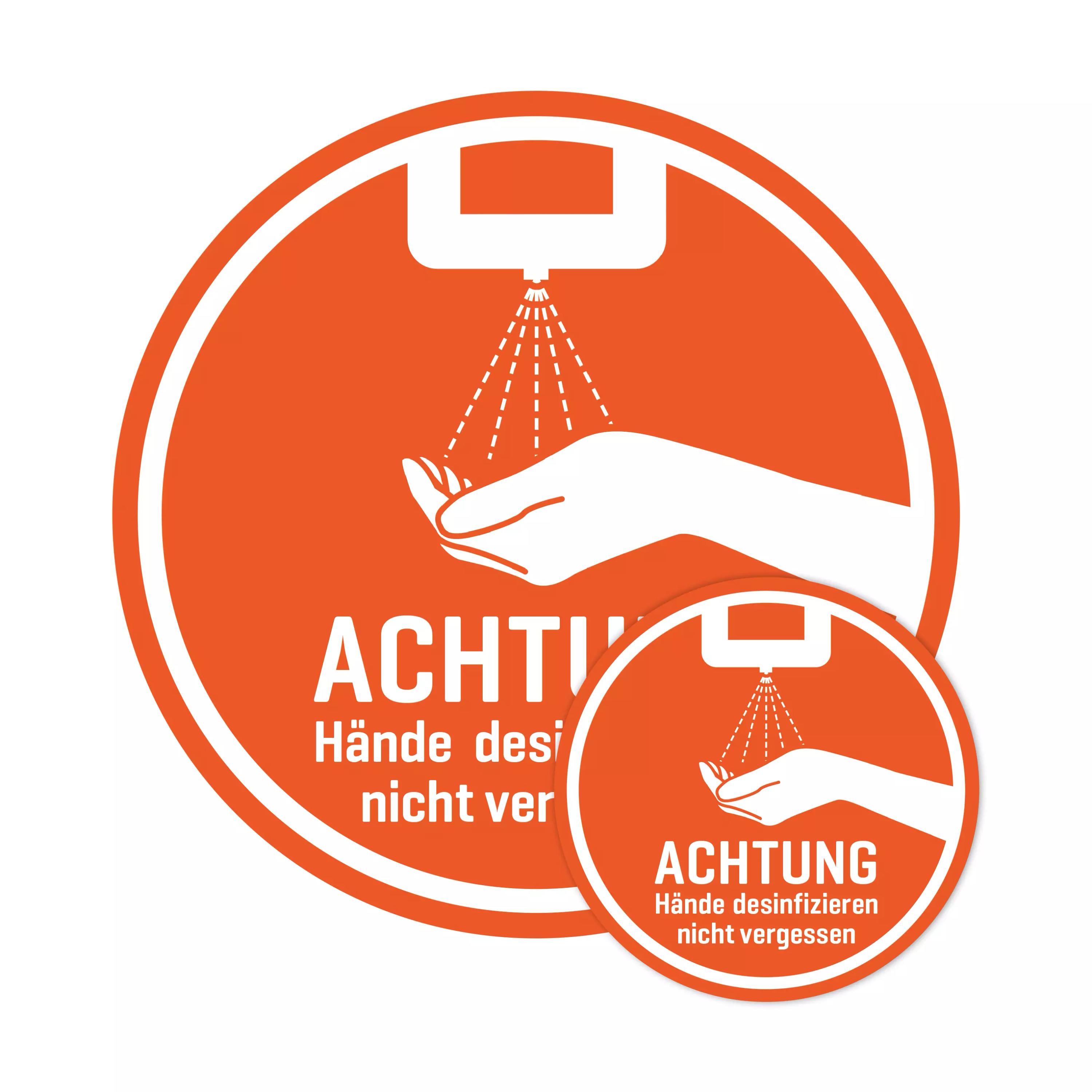 Runder Aufkleber: Achtung Hände desinfizieren nicht vergessen – orange mit weißem Handsymbol und Warntext, erinnert an Händedesinfektion.
