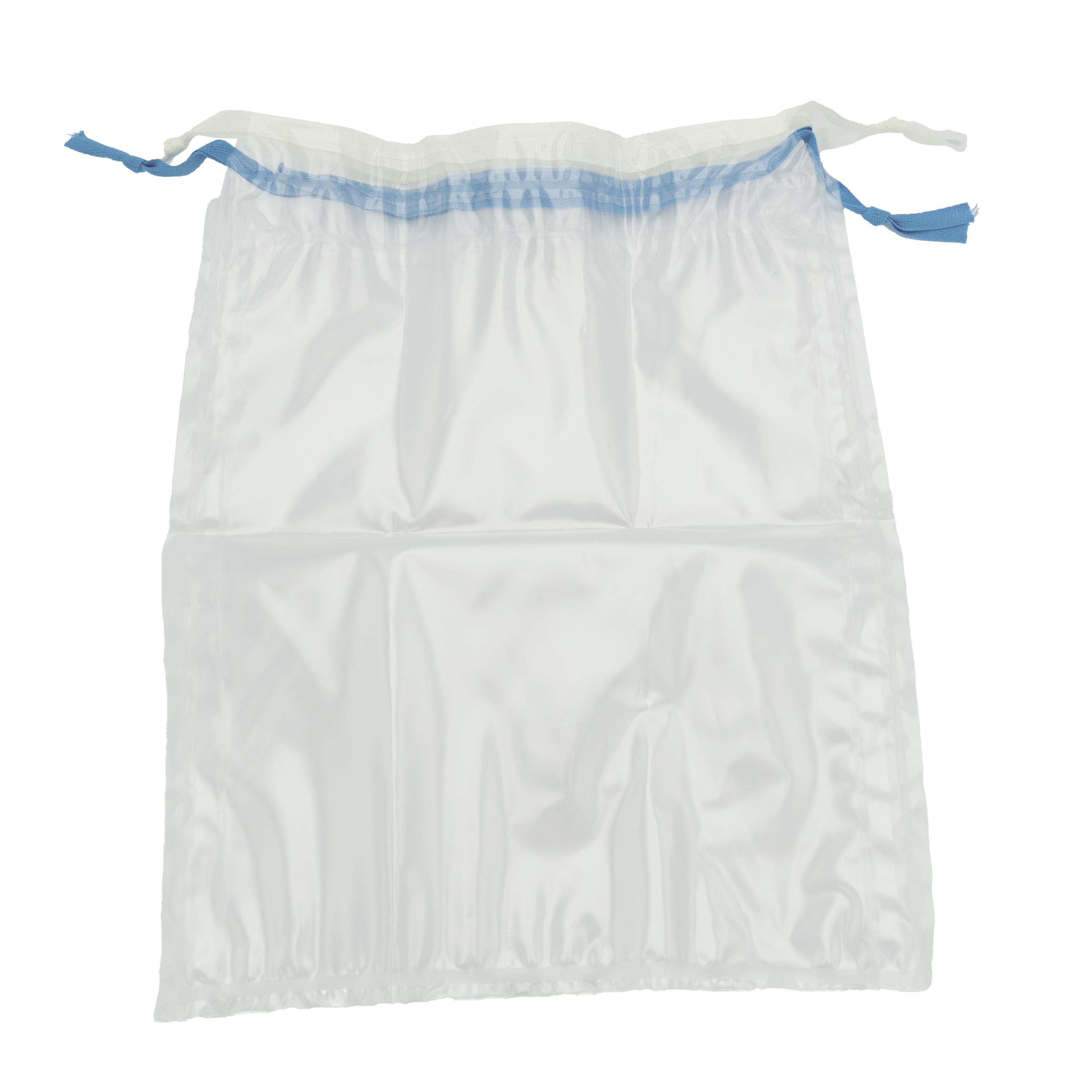 Ein WERO Replantat-Beutel, steril - Hand, rechteckig mit glänzender Oberfläche, Doppelwandsystem, blauem Zugband und Perforationen am Rand.