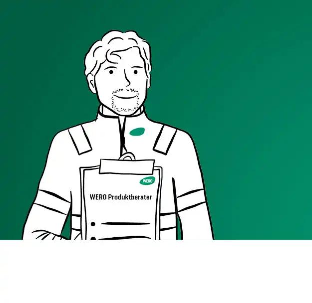 Ein Mann im weißen Anzug hält ein Klemmbrett mit der Aufschrift „WERO Productbater“ und grünem WERO Logo in entspannter Haltung.