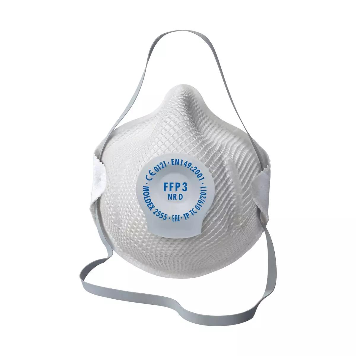 MOLDEX Atemschutzmaske FFP3 mit DuraMesh®-Außenstruktur, ActivForm®-Passform und grauem Spannband frontal vor weißem Hintergrund.