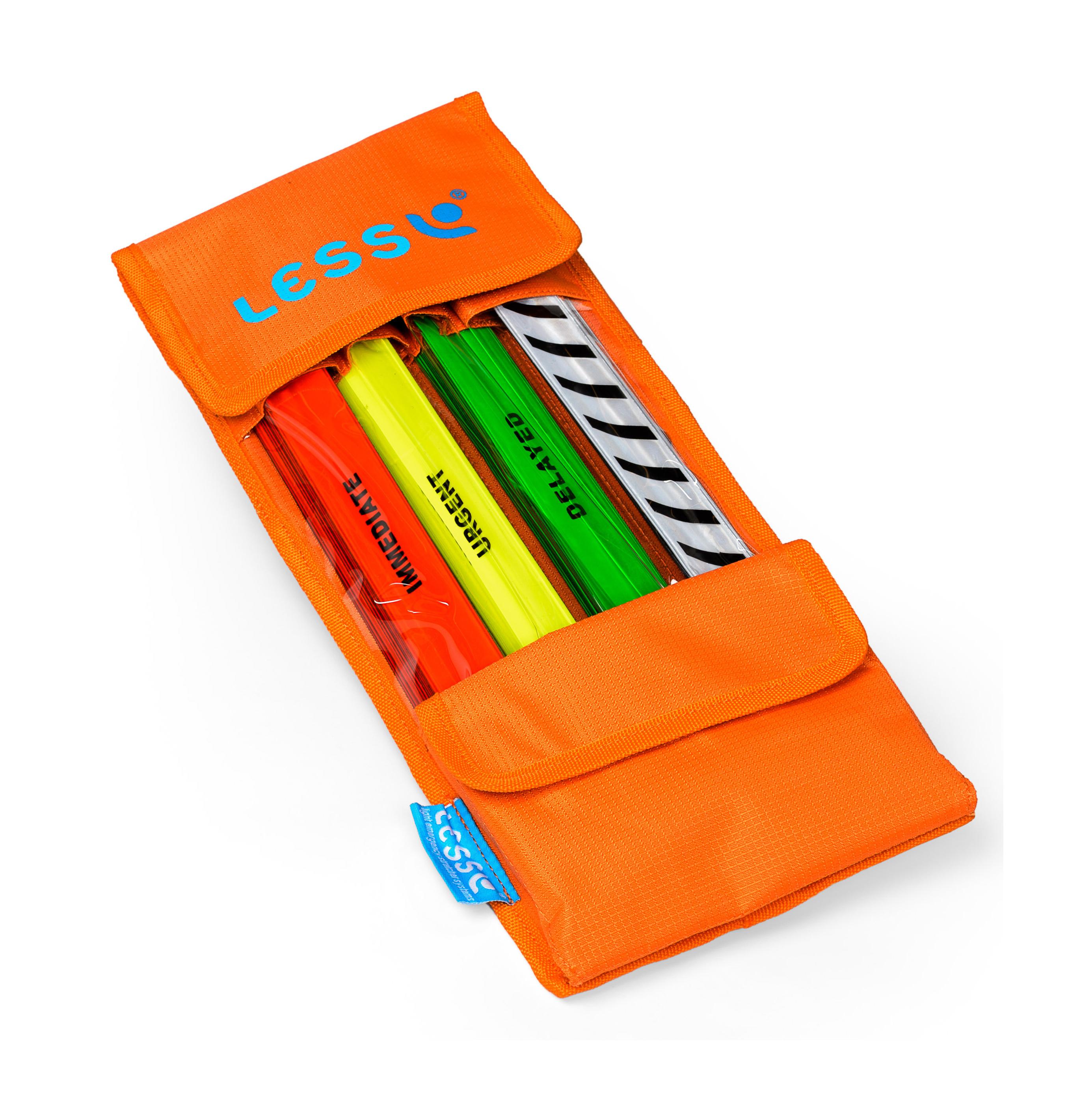 Offene LESS® Triagemappe mit vier farbigen Sichtungsbändern in Rot, Gelb, Grün und Schwarz/Weiß, jeweils mit deutlicher Beschriftung.