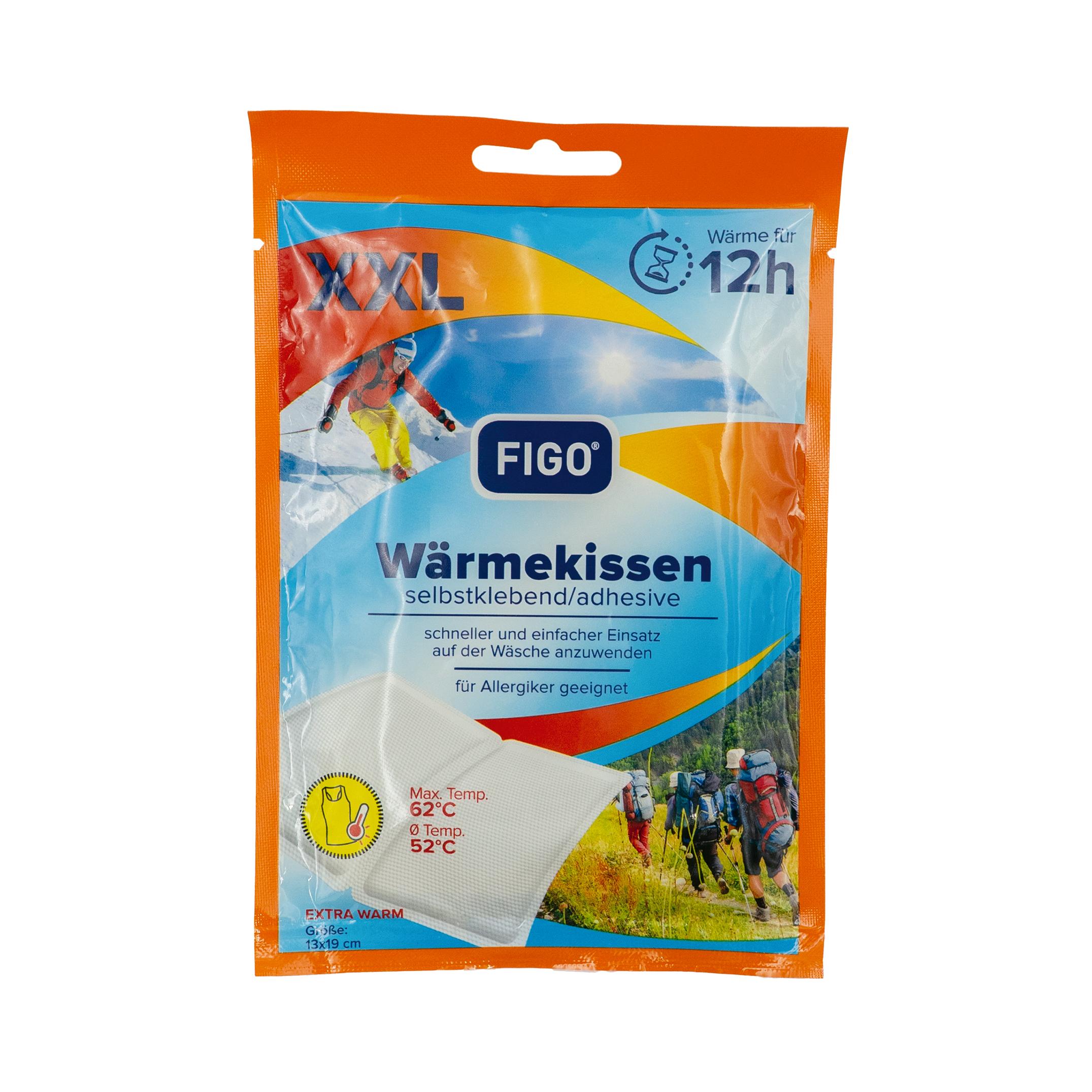 Orange-blaue FIGO® Wärmekissen - XXL Packung mit selbstklebendem Wärme-Pad für 12 Stunden konstante Wärme und harten Außeneinsatz, mit Skifahrer-Abbildung.