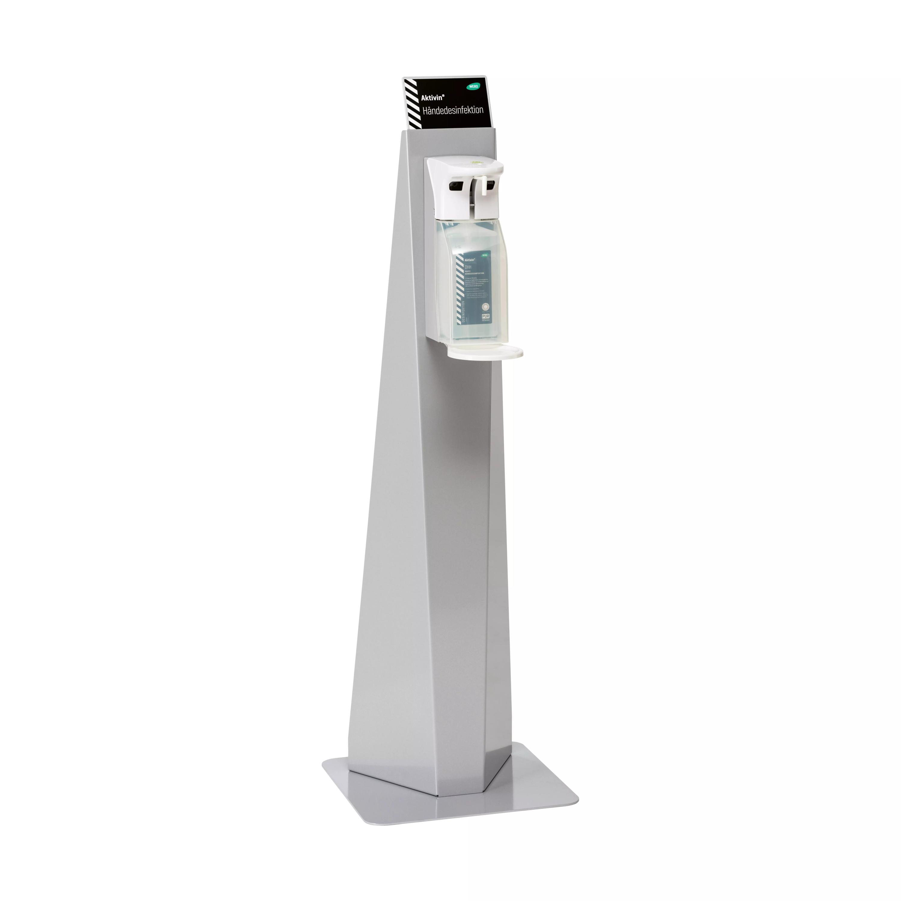 Aktivin® Händedesinfektionsständer aus pulverbeschichtetem Stahl, gute Standfestigkeit ohne Bodenverankerung, mit Kunststoff-Direktspender.