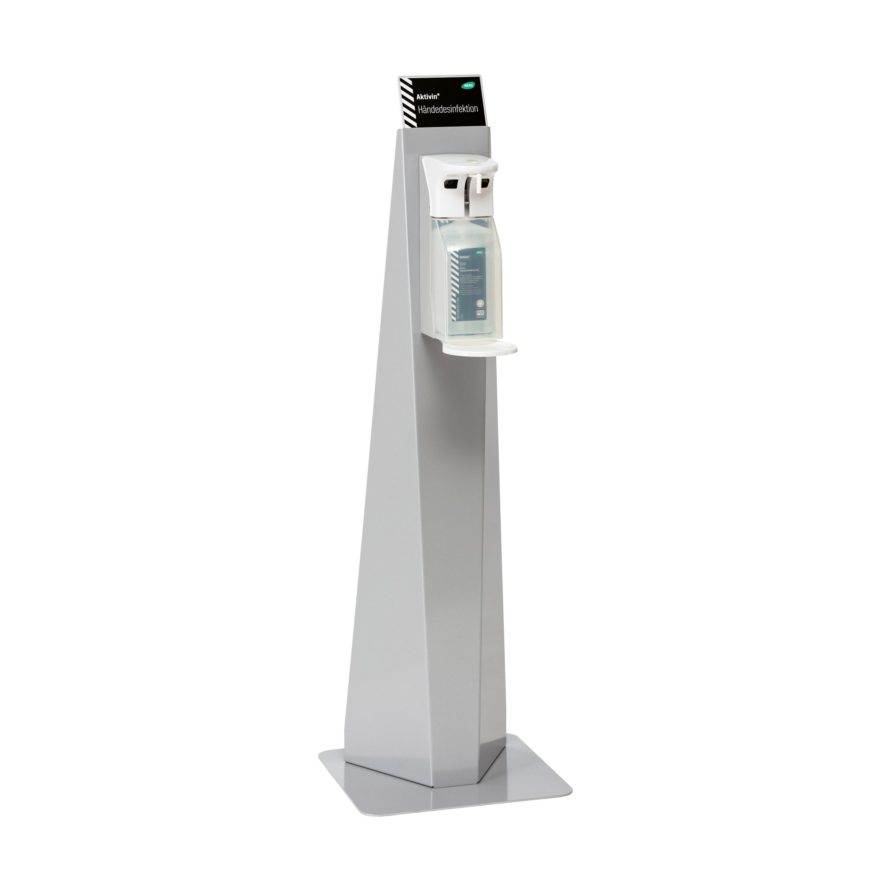 Aktivin® Händedesinfektionsständer aus pulverbeschichtetem Stahl, gute Standfestigkeit ohne Bodenverankerung, mit Kunststoff-Direktspender.