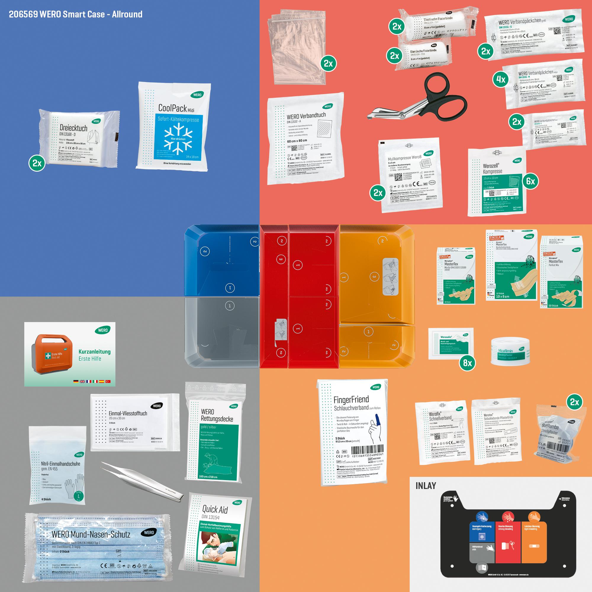 Der WERO Smart Case® Erste-Hilfe-Koffer - DIN 13157 erweitert - Allround mit vier farbig sortierten Fächern enthält Verbandsmaterial, Pflaster und Ergänzungen.