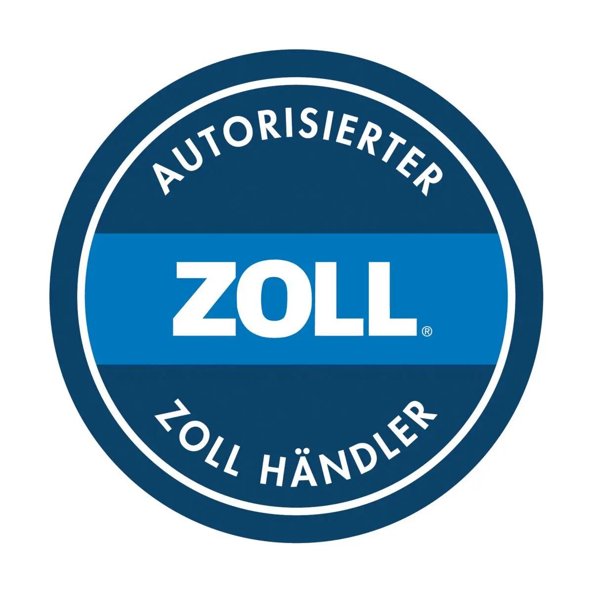 Rundes Logo des Defibrillator-Set ZOLL® AED Plus, Vollautomat mit weißem „AUTORISIERTER ZOLL HÄNDLER“-Schriftzug auf blauem Hintergrund.
