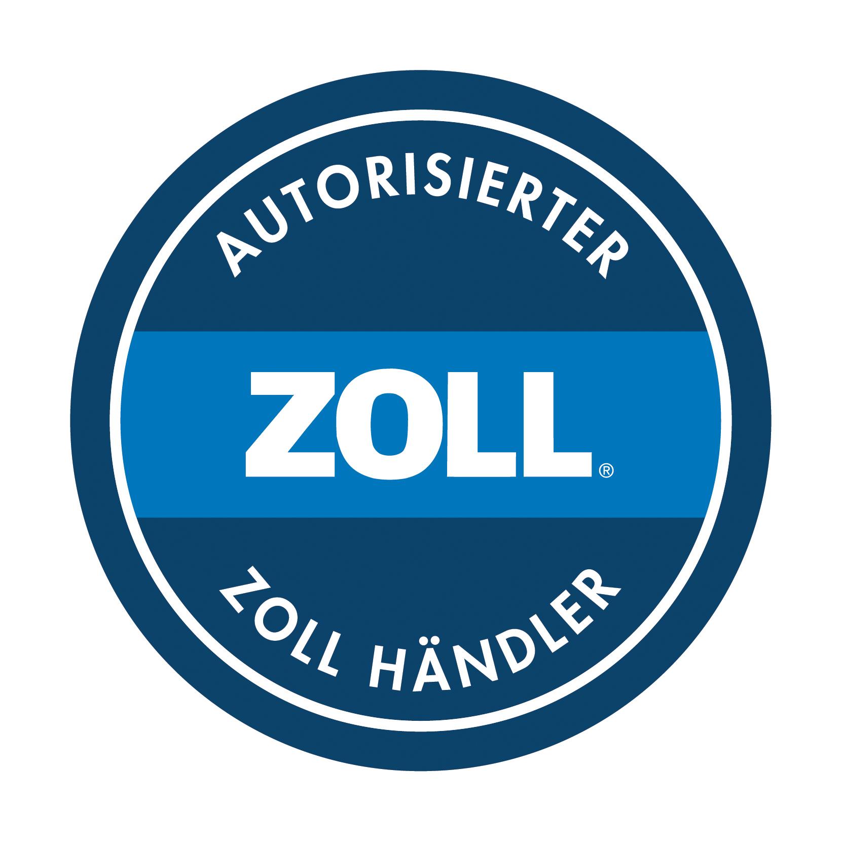 Rundes Logo des Defibrillator-Set ZOLL® AED Plus, Vollautomat mit weißem „AUTORISIERTER ZOLL HÄNDLER“-Schriftzug auf blauem Hintergrund.