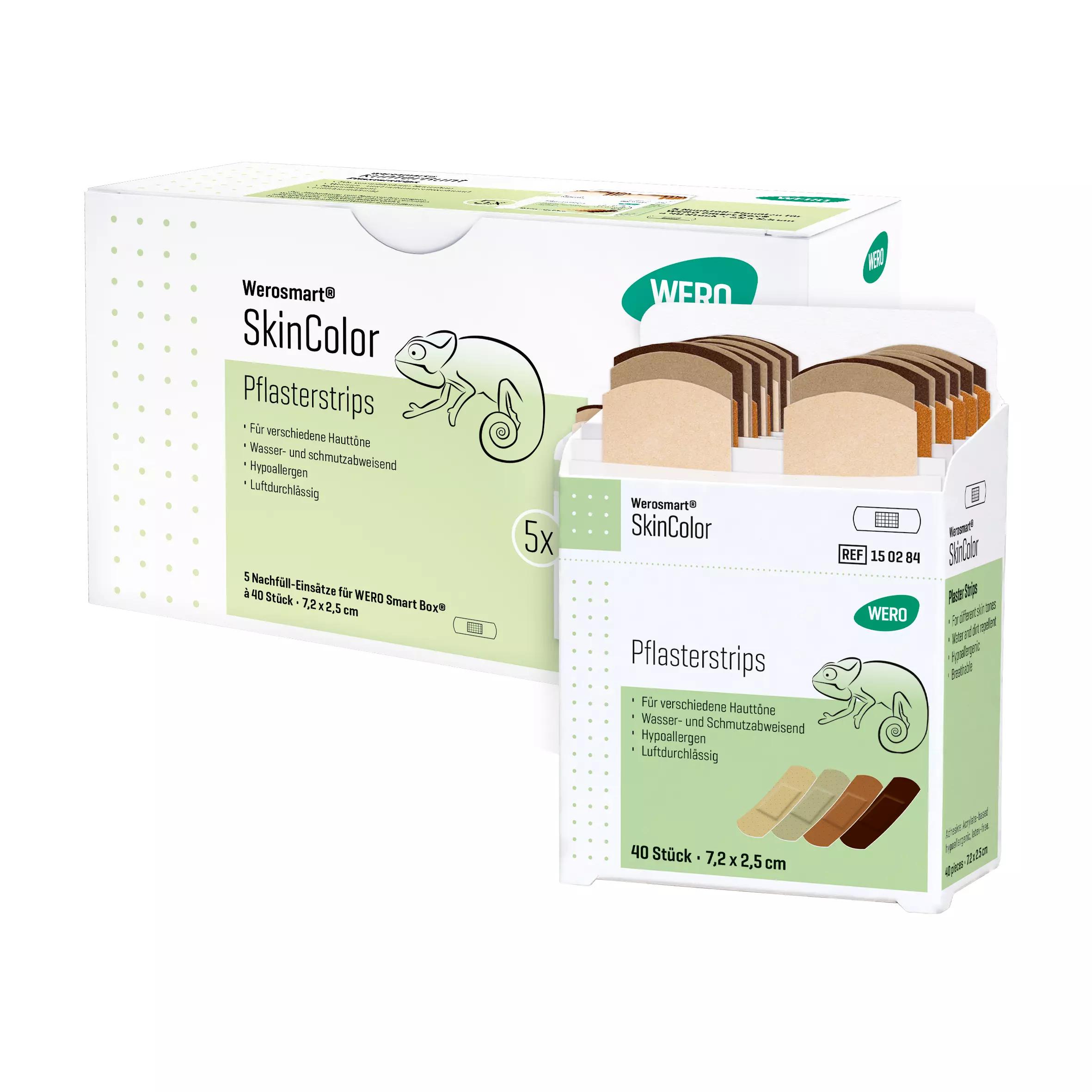 Zwei Kartons Werosmart® SkinColor Pflasterspender-Einsätze Pflasterstrips in verschiedenen Hauttönen, wasser- und schmutzabweisend sowie hypoallergen.