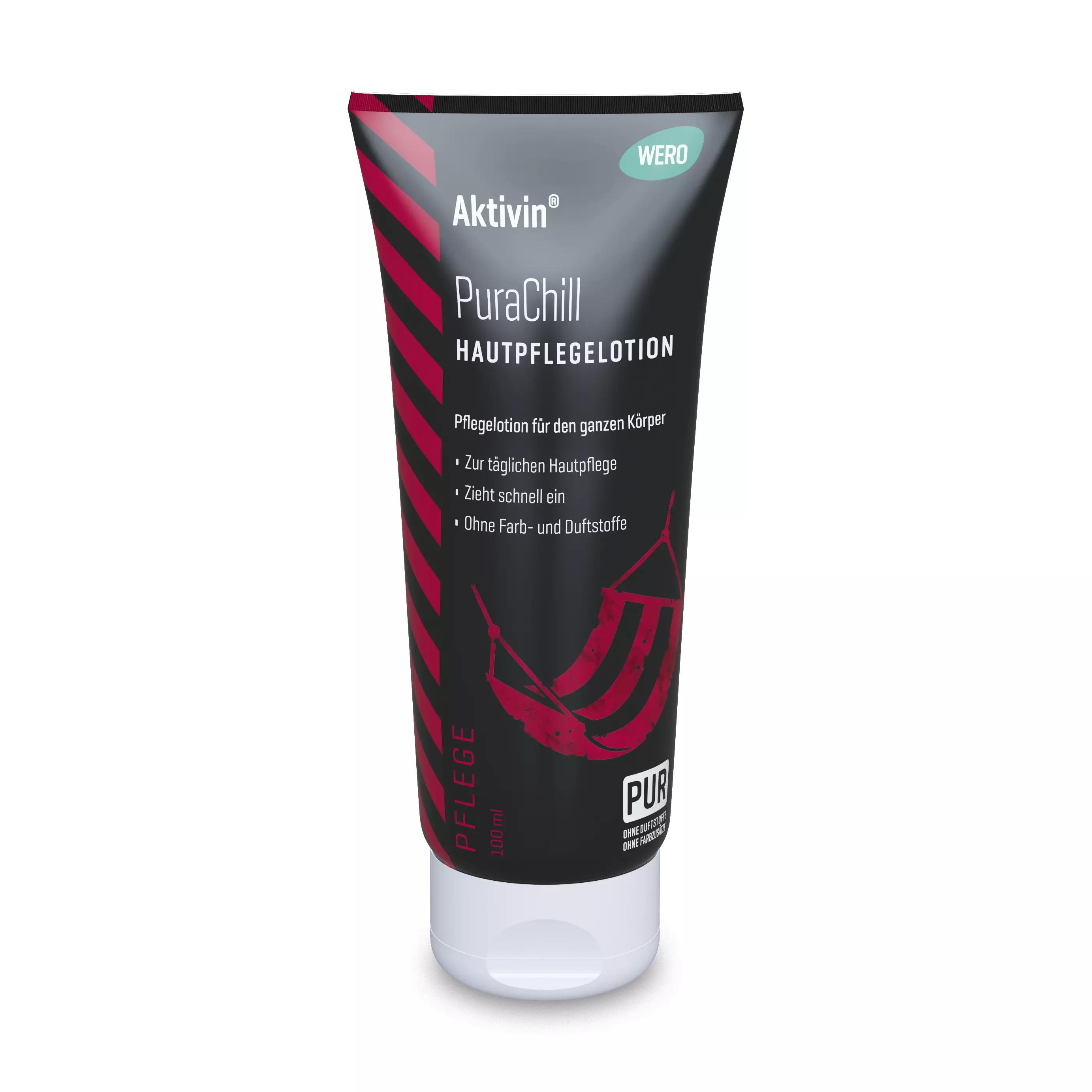 Eine schwarze Tube Hautpflegelotion Aktivin® PuraChill – 100 ml mit Shea Butter, Mandelöl und Vitamin E steht aufrecht, das grüne Etikett gut sichtbar.