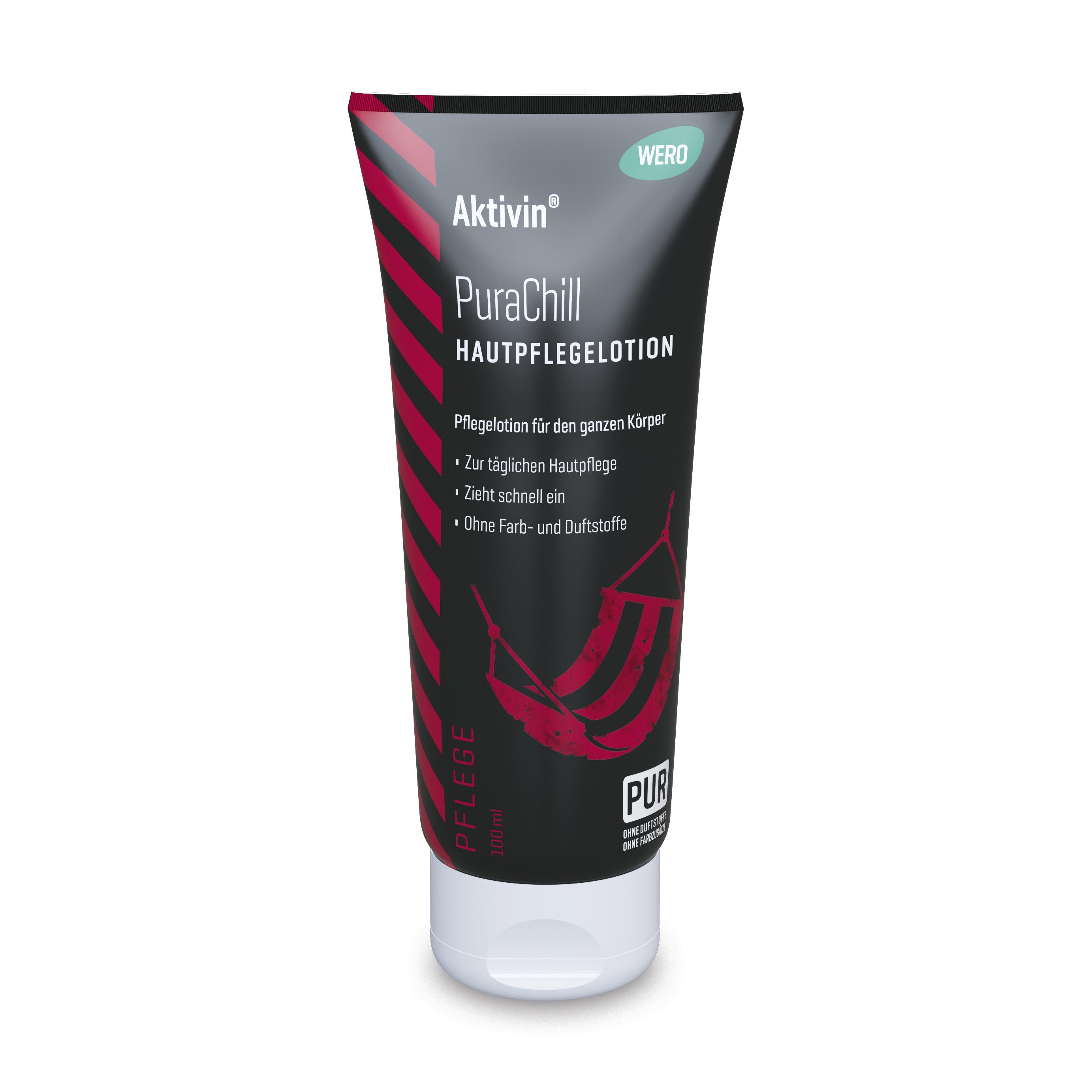 Eine schwarze Tube Hautpflegelotion Aktivin® PuraChill – 100 ml mit Shea Butter, Mandelöl und Vitamin E steht aufrecht, das grüne Etikett gut sichtbar.