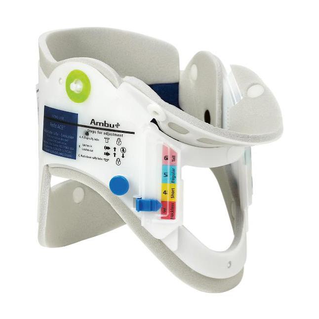 Weiße Ambu Perfit ACE Zervikalstütze mit grauen Elementen, blauen und grünen Tasten, im geöffneten Zustand, anpassbar durch Knöpfe und Hebel.