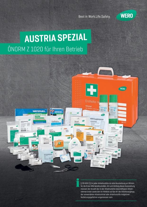 Rotes WERO Austria Special Erste-Hilfe-Set mit grünem Kreuz, enthält 39 wichtige Artikel für Arbeit und allgemeine Sicherheit.