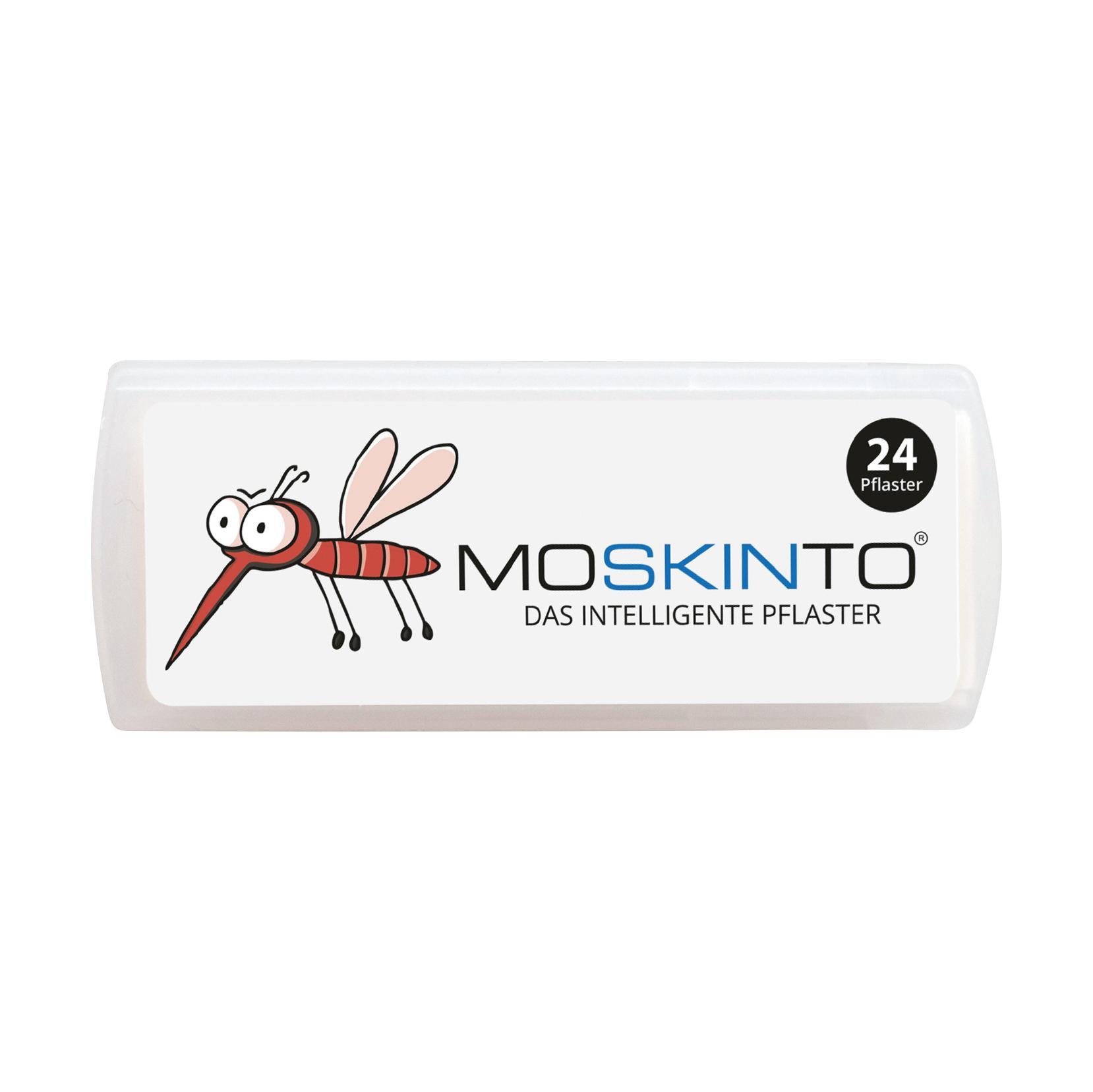 Eine MOSKINTO® Mückenpflaster – gegen Juckreiz, 24 Stk Verpackung mit Cartoon-Mücke, Produktlogo und dunkelblauem Kreis mit Mengenangabe.