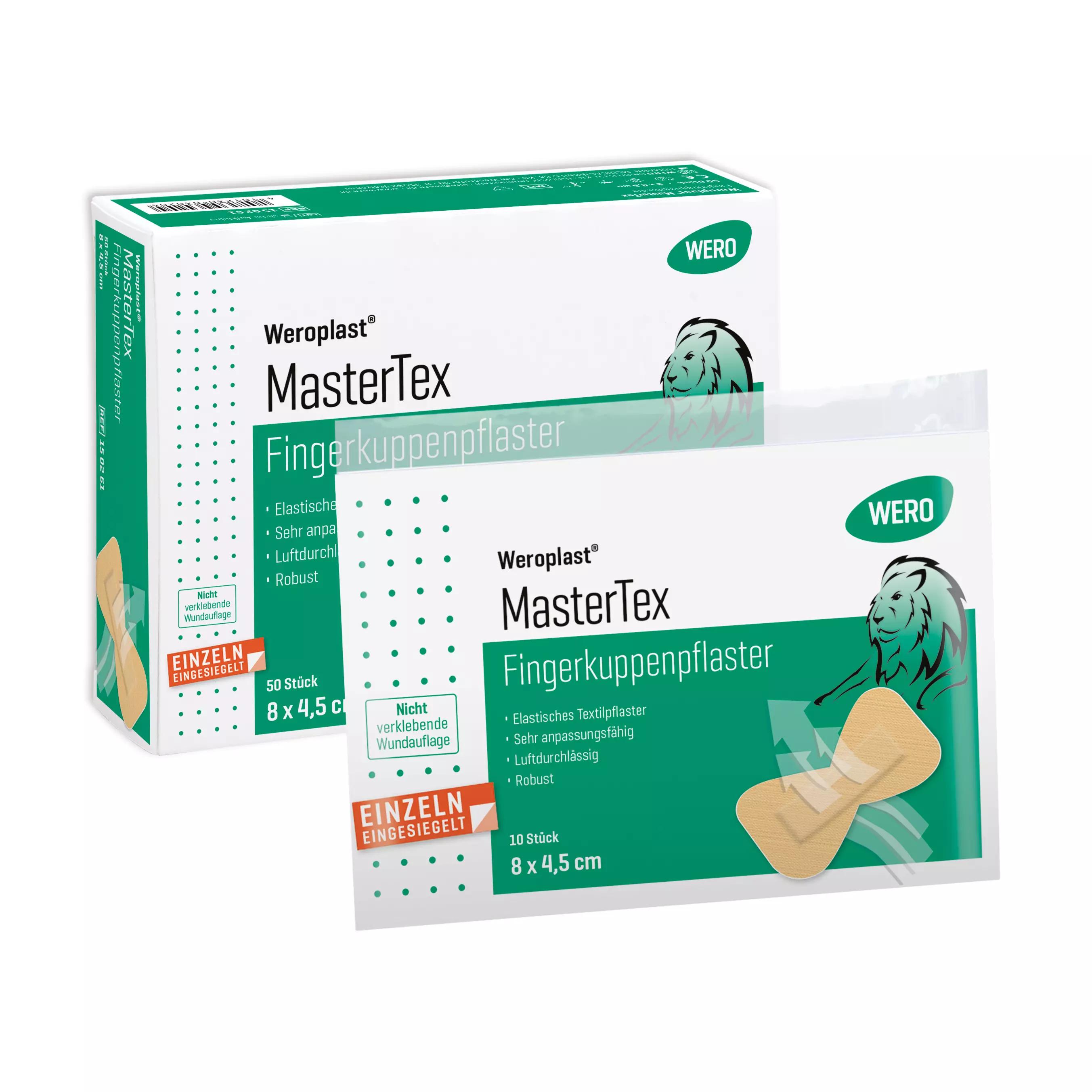 Zwei Schachteln Fingerkuppenpflaster Weroplast® MasterTex mit Angaben zur Größe 8 x 4,5 cm und einzeln eingesiegeltem textilen Gewebe.
