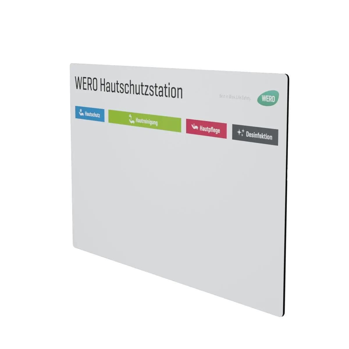 Weißes, rechteckiges Schild WERO Hautschutzstation - Druck 2 mit vier farbigen Tasten für Hautschutz, Hautreinigung, Hautpflege und Desinfektion.