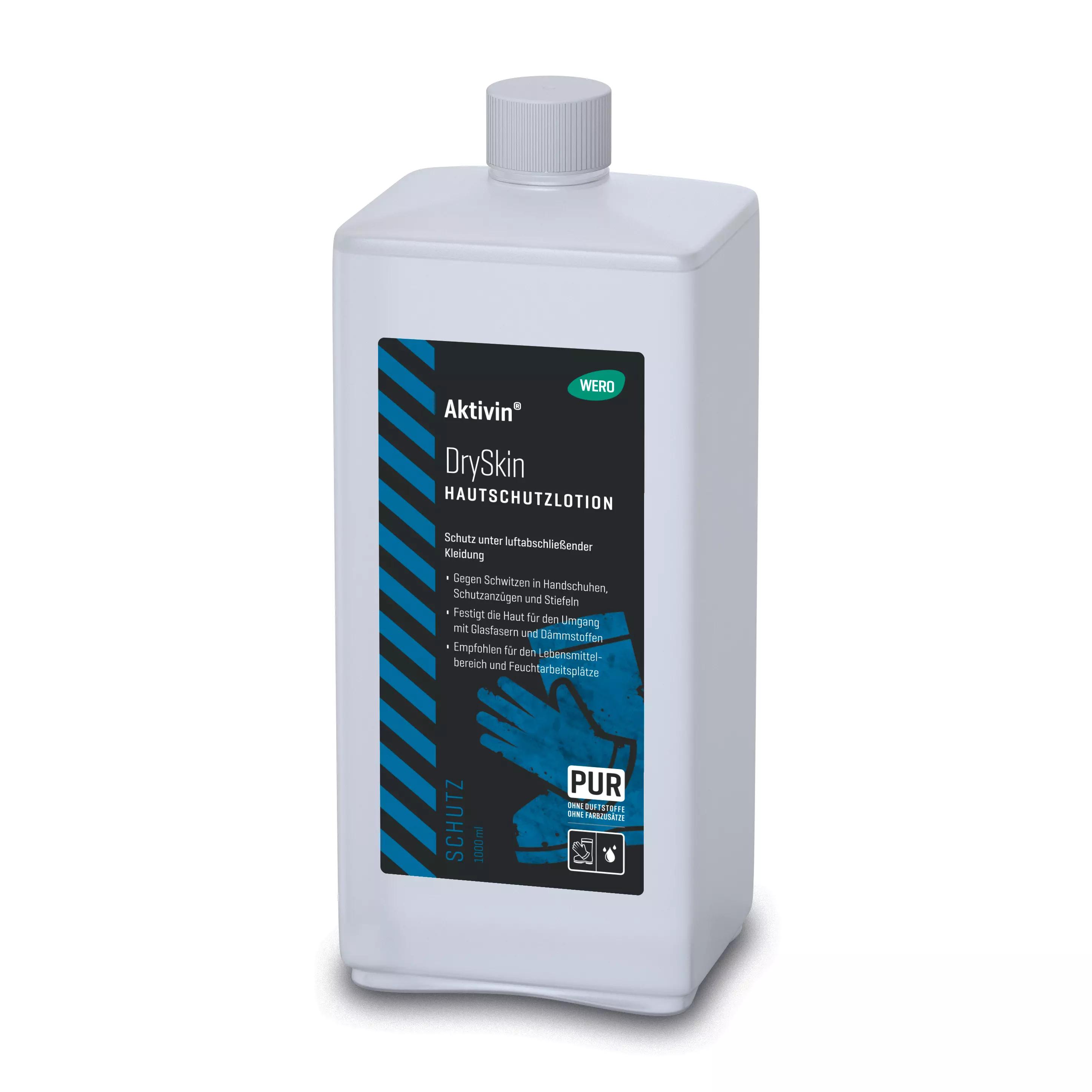 Weiße Flasche Hautschutzlotion Aktivin® DrySkin mit schwarzer und blauer Labelbande, deutschem und englischem Text sowie Symbolhandschuhen und Warnhinweis.
