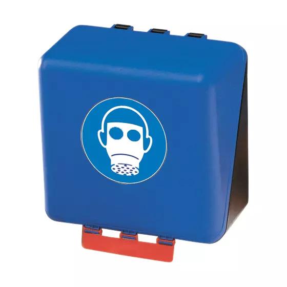 Blaue SecuBox® Aufbewahrungsbox für Atemschutz – Maxi mit rotem Griff, schwarzen Verschlussclips und Maskensymbol auf der Vorderseite.