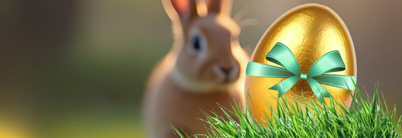 Ein hellbraunes Kaninchen sitzt hinter einem goldenen Ei mit grüner Schleife auf einer Wiese.