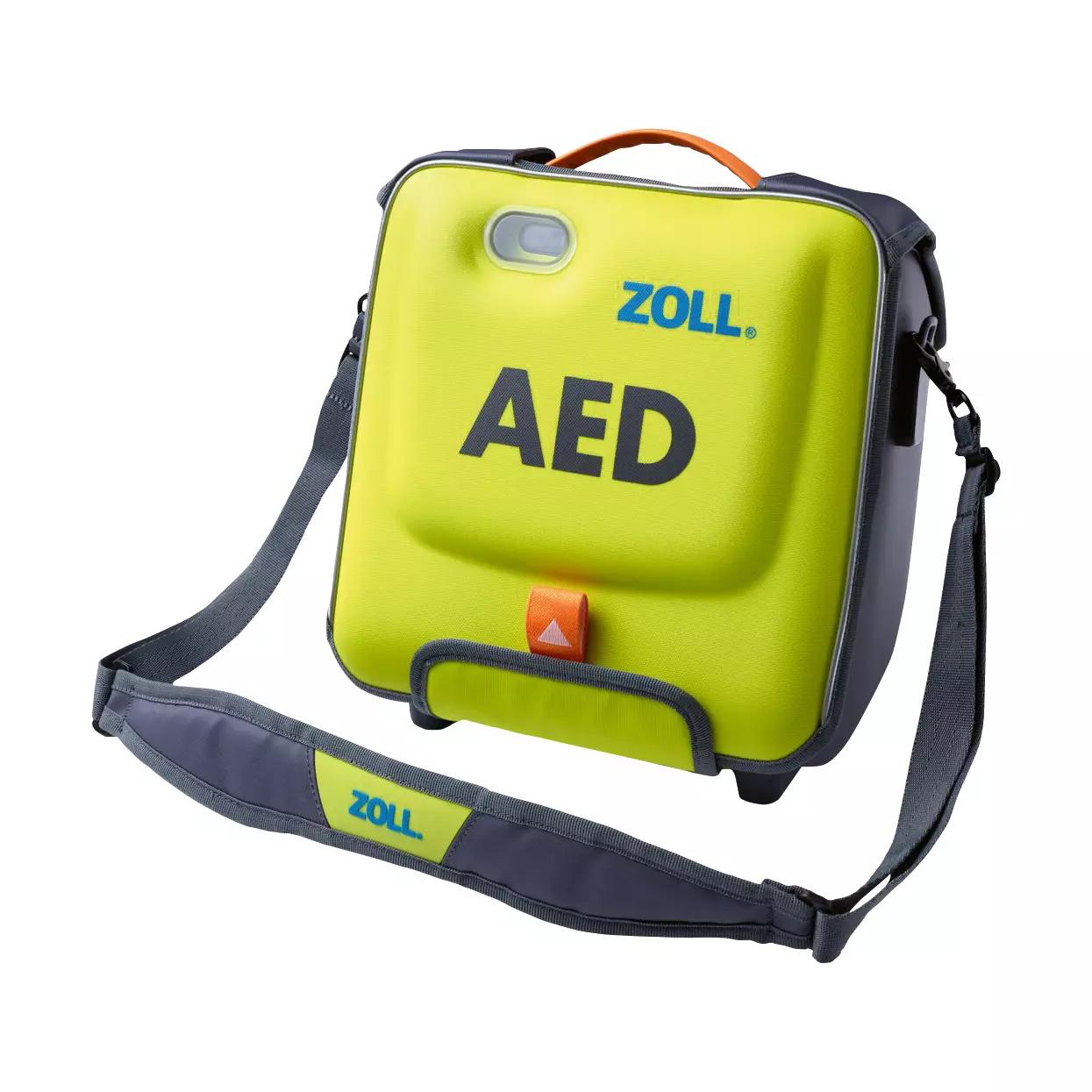 ZOLL AED 3 Tasche in leuchtendem Gelb mit grau verstärktem Rand, markantem AED-Logo und magnetverschlossener Schultergurtbefestigung.