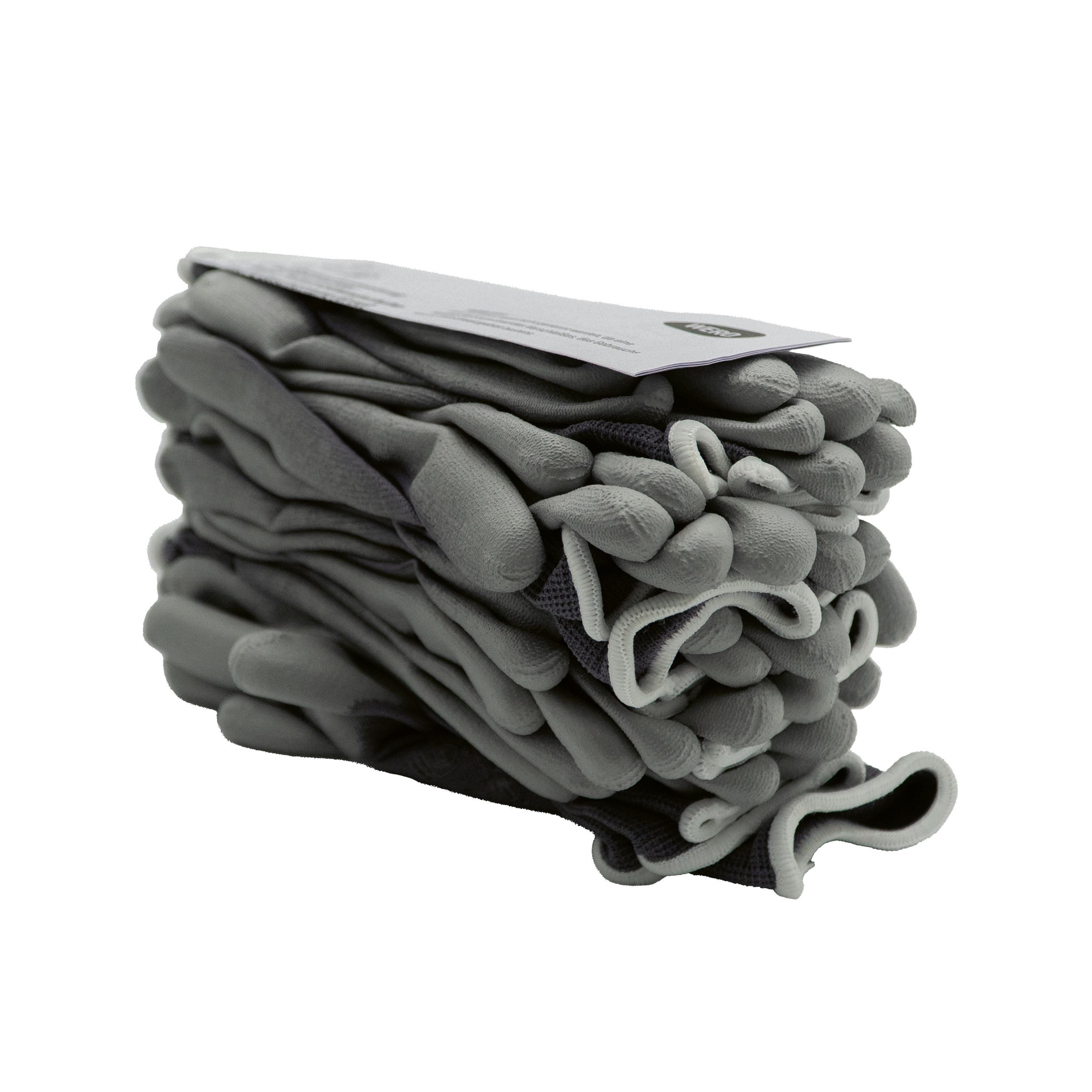 Mehrere übereinander gestapelte Feinstrickhandschuhe WERO Allrounder, schwarz-grau mit orangen Bündchen und weißem Label, liegen ordentlich ausgerichtet.