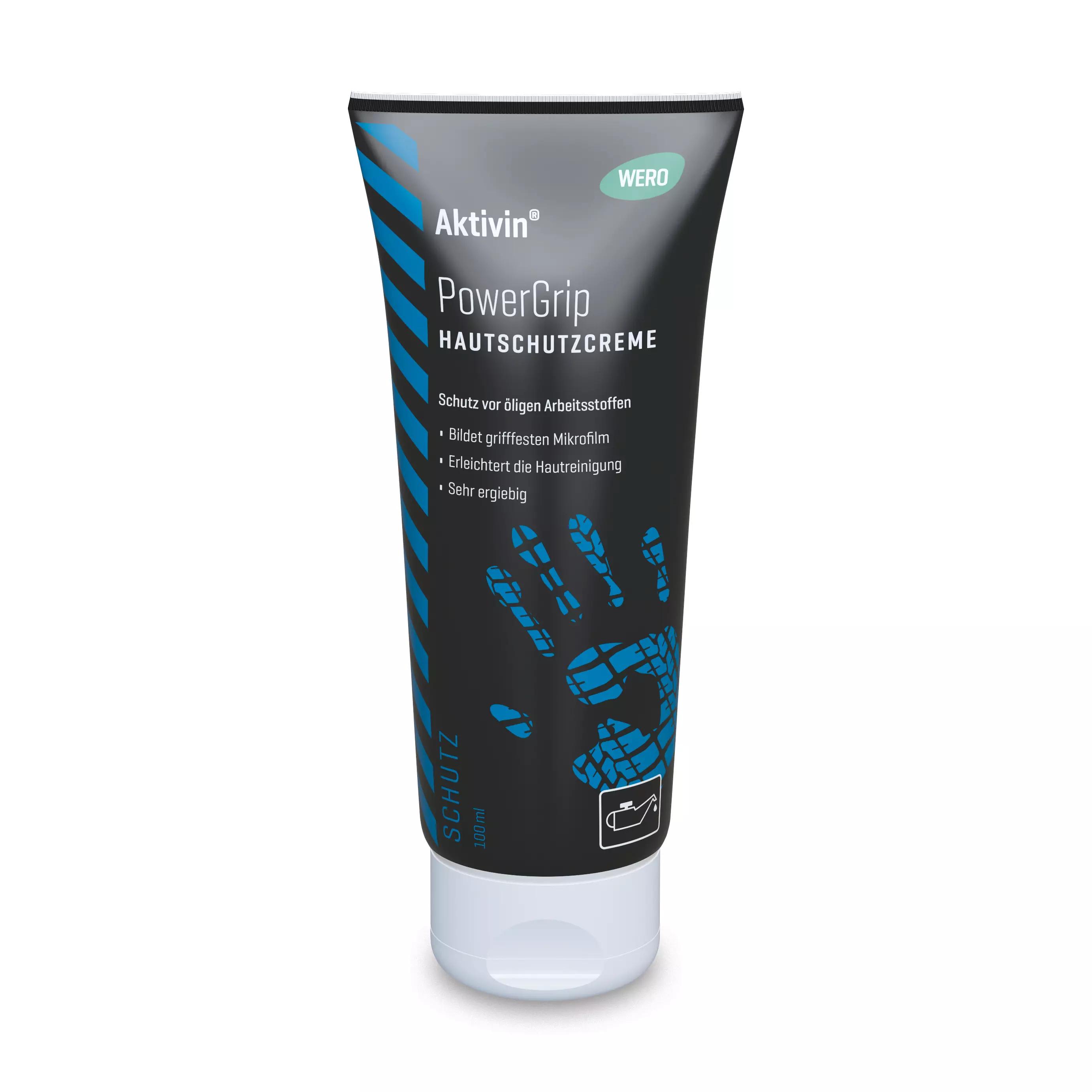 Eine schwarze Tube Hautschutzcreme Aktivin® PowerGrip mit blauem Streifen, 100 ml, schützt bei starken Verschmutzungen und erleichtert die Reinigung.