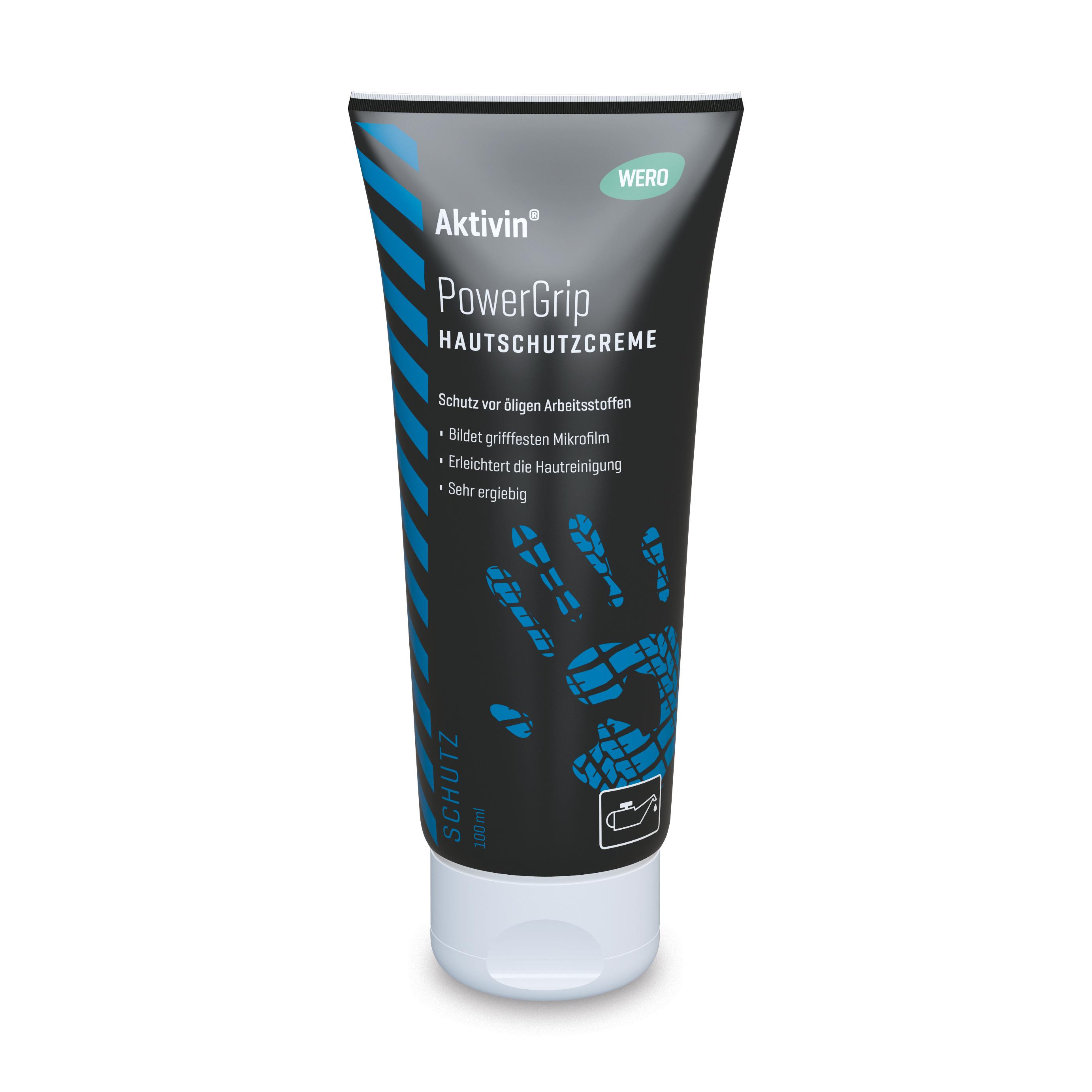 Eine schwarze Tube Hautschutzcreme Aktivin® PowerGrip mit blauem Streifen, 100 ml, schützt bei starken Verschmutzungen und erleichtert die Reinigung.