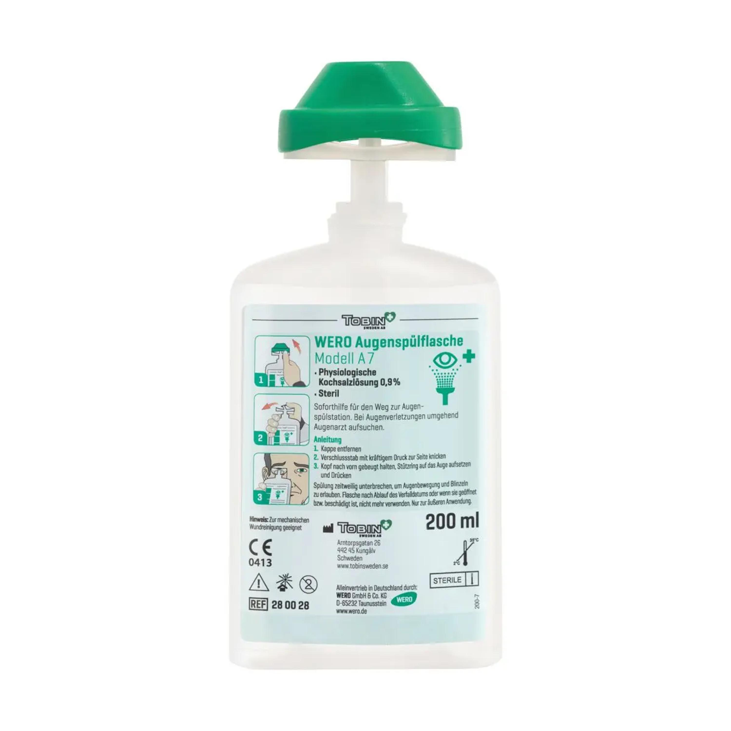Weiße WERO Augenspülflasche Modell A 7, steril - Standard mit grünem Klappdeckel, 200 ml, beschriftet für Augenspülung bei Fremdkörpern.