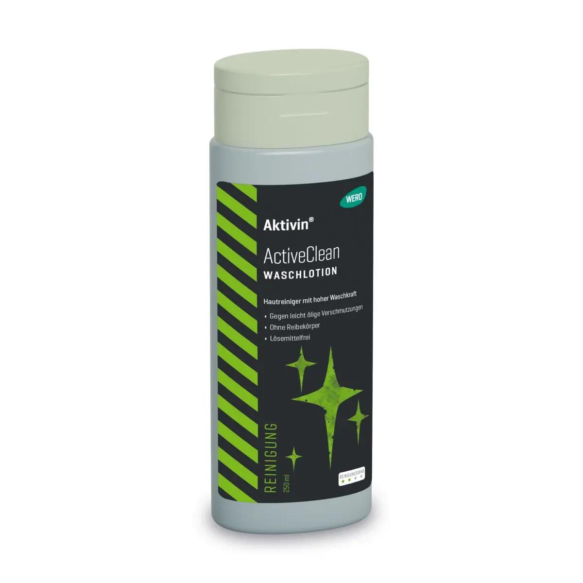 Eine weiße Flasche Waschlotion Aktivin® ActiveClean mit grün-schwarzem Etikett, hoher Reinigungskraft, cremigem Schaum und sehr guter Hautverträglichkeit.