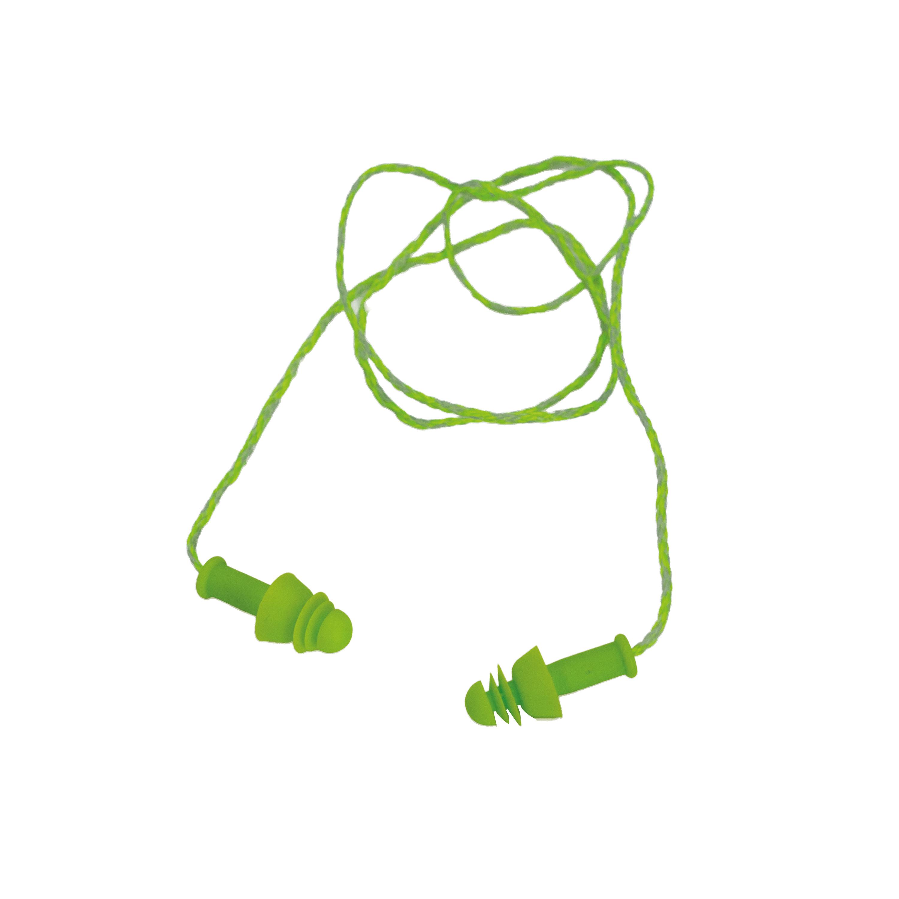 Zwei neon-grüne uvex whisper+ Gehörschutzstöpsel mit runder und konischer Form sind durch eine dünne Kordel miteinander verbunden.