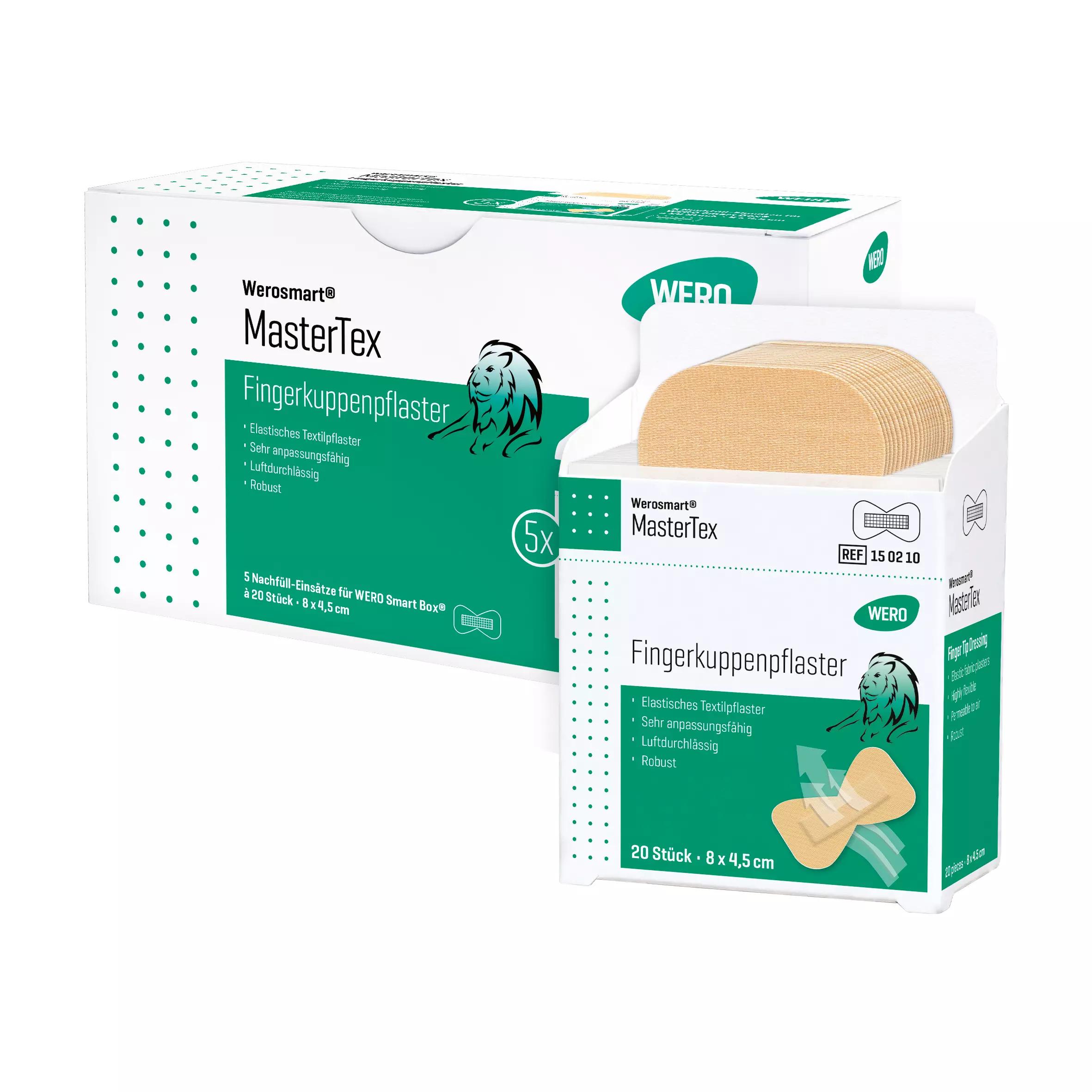 Zwei Packungen Werosmart® MasterTex Pflasterspender-Einsätze Fingerkuppenpflaster, jeweils mit wasserfesten 8 cm langen Pflastern im transparenten Blister.