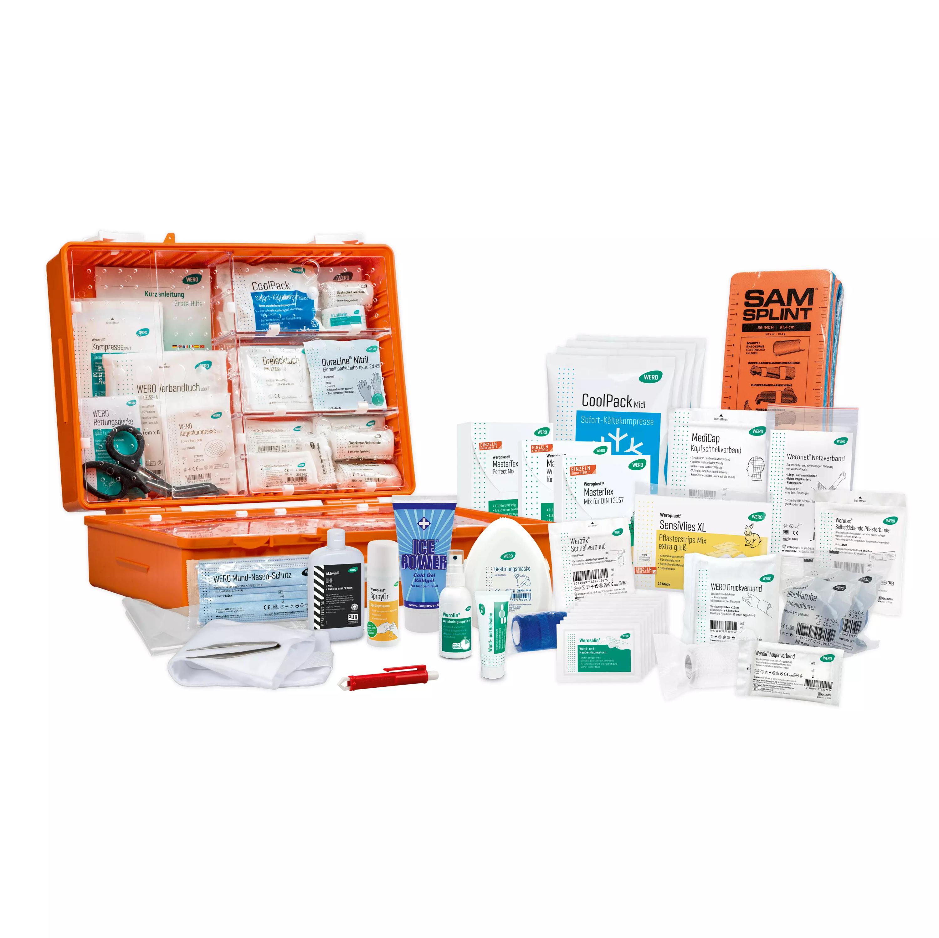 Offener Werotop® 450 Erste-Hilfe-Koffer Sport DIN 13157 mit DIN-Füllung, Wundreinigungsspray und WERO CoolPack Sofort-Kältekompresse, gefüllt mit Verbandsmaterial.