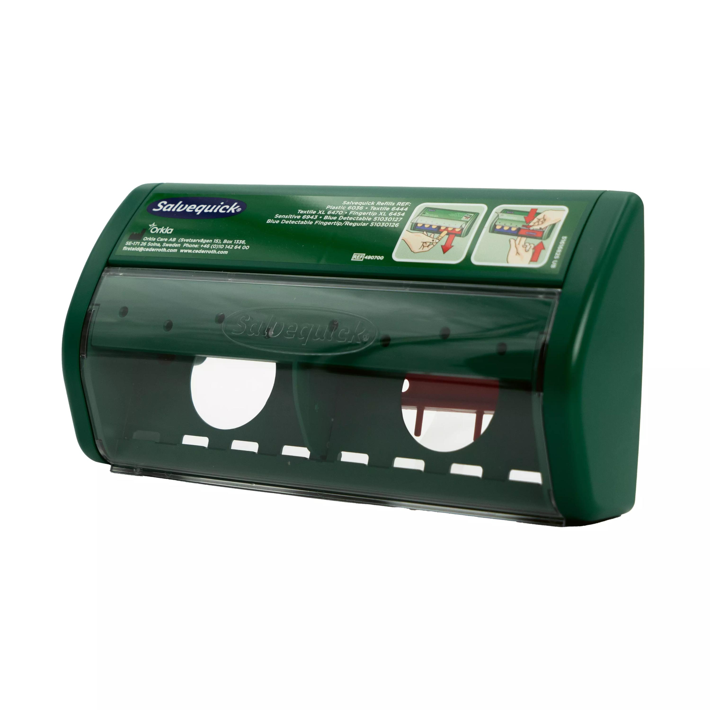 Salvequick® Sofortpflaster-Spender PRO, leer, grüner und roter Behälter aus Kunststoff mit transparentem Deckel, ergonomischem Griff und Lüftungsöffnungen.