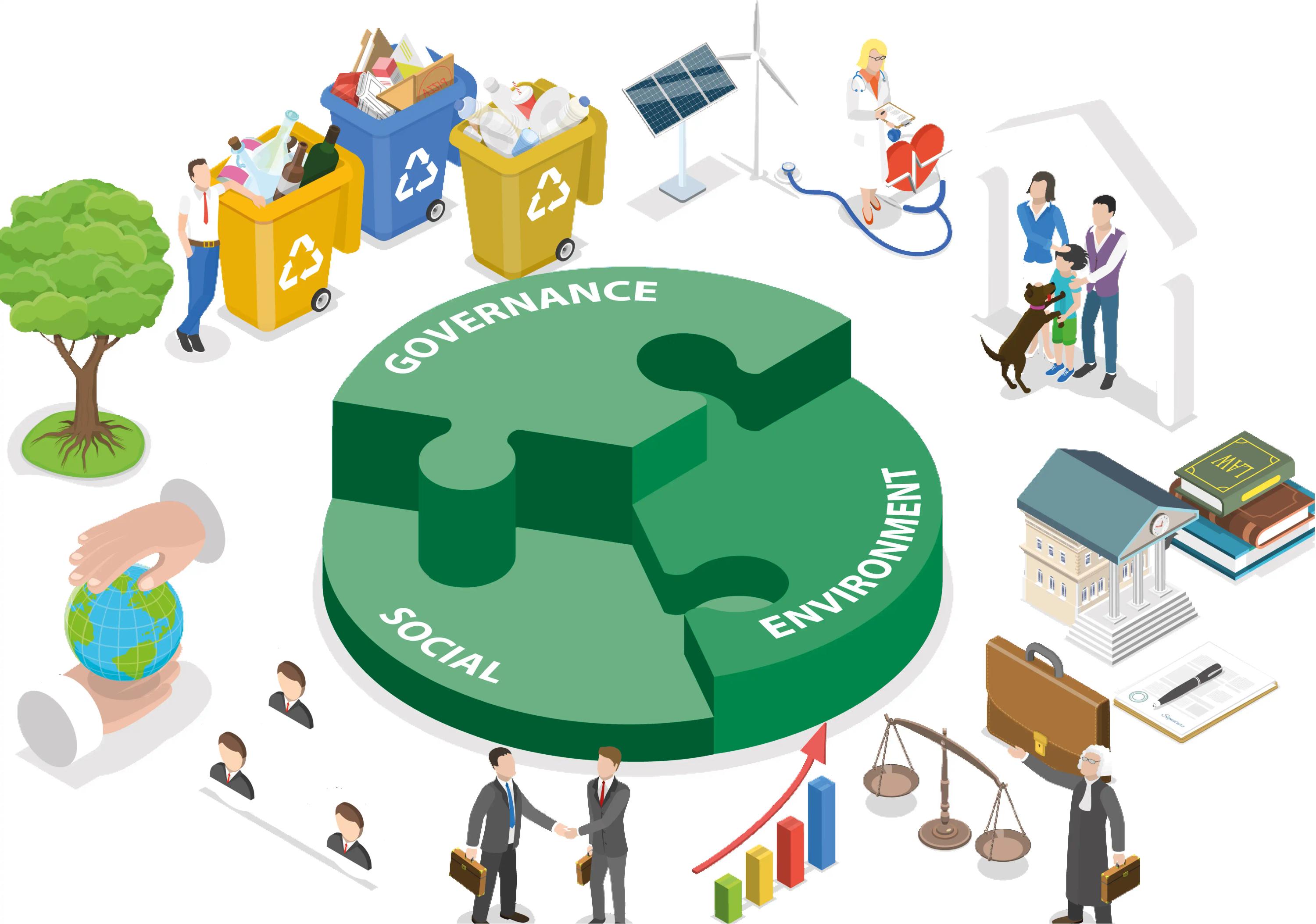 Grünes Puzzleteil mit "GOVERNANCE" und "SOCIAL ENVIRONMENT", umgeben von Symbolen wie Windrad, Recycling, Globe, Arzt, Waage und Solarpanel.