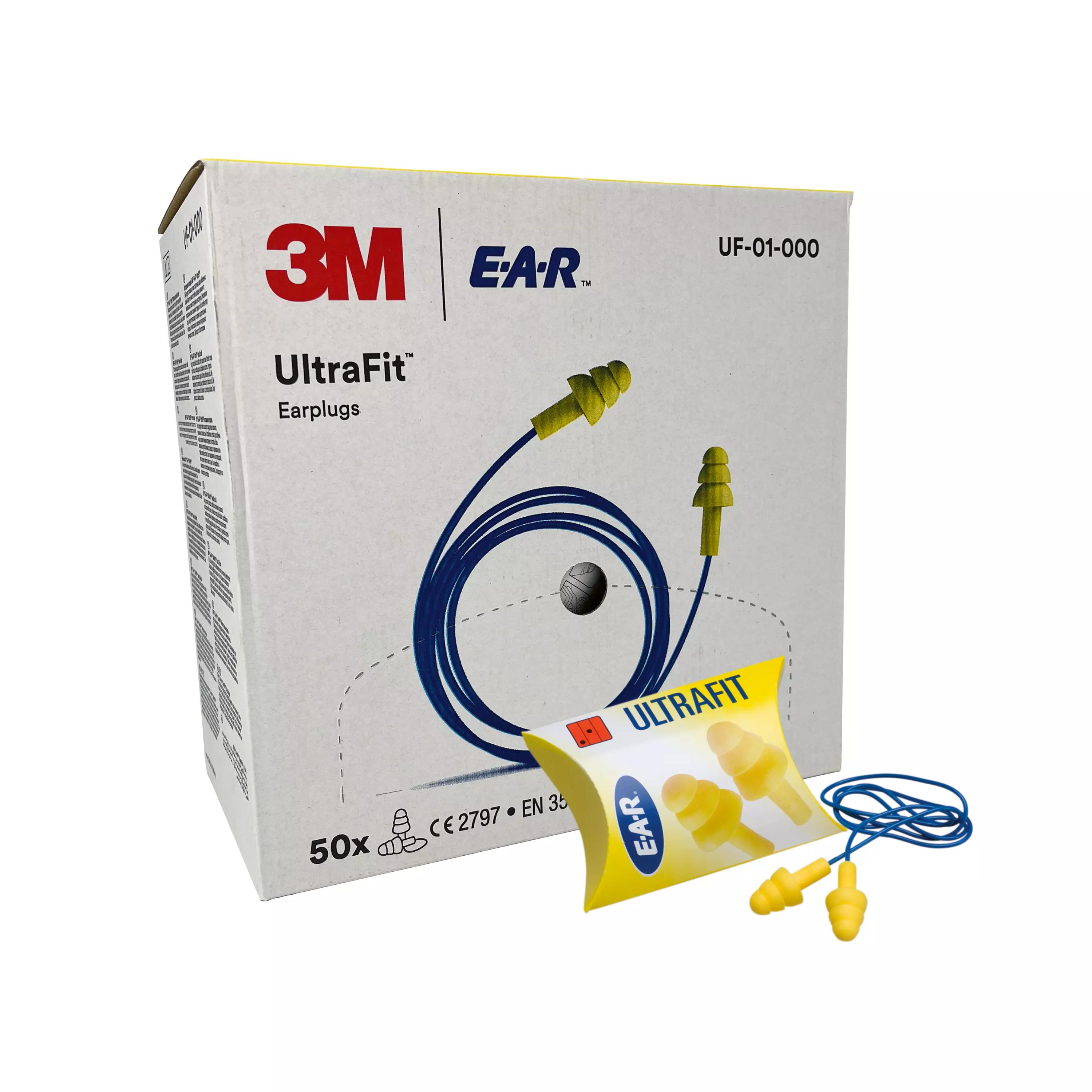 3M E-A-R ULTRAFIT Gehörschutzstöpsel mit Kordel, Universalgröße, aus flexiblem Elastomer Polymer, gelb, in Originalverpackung vor der Box.