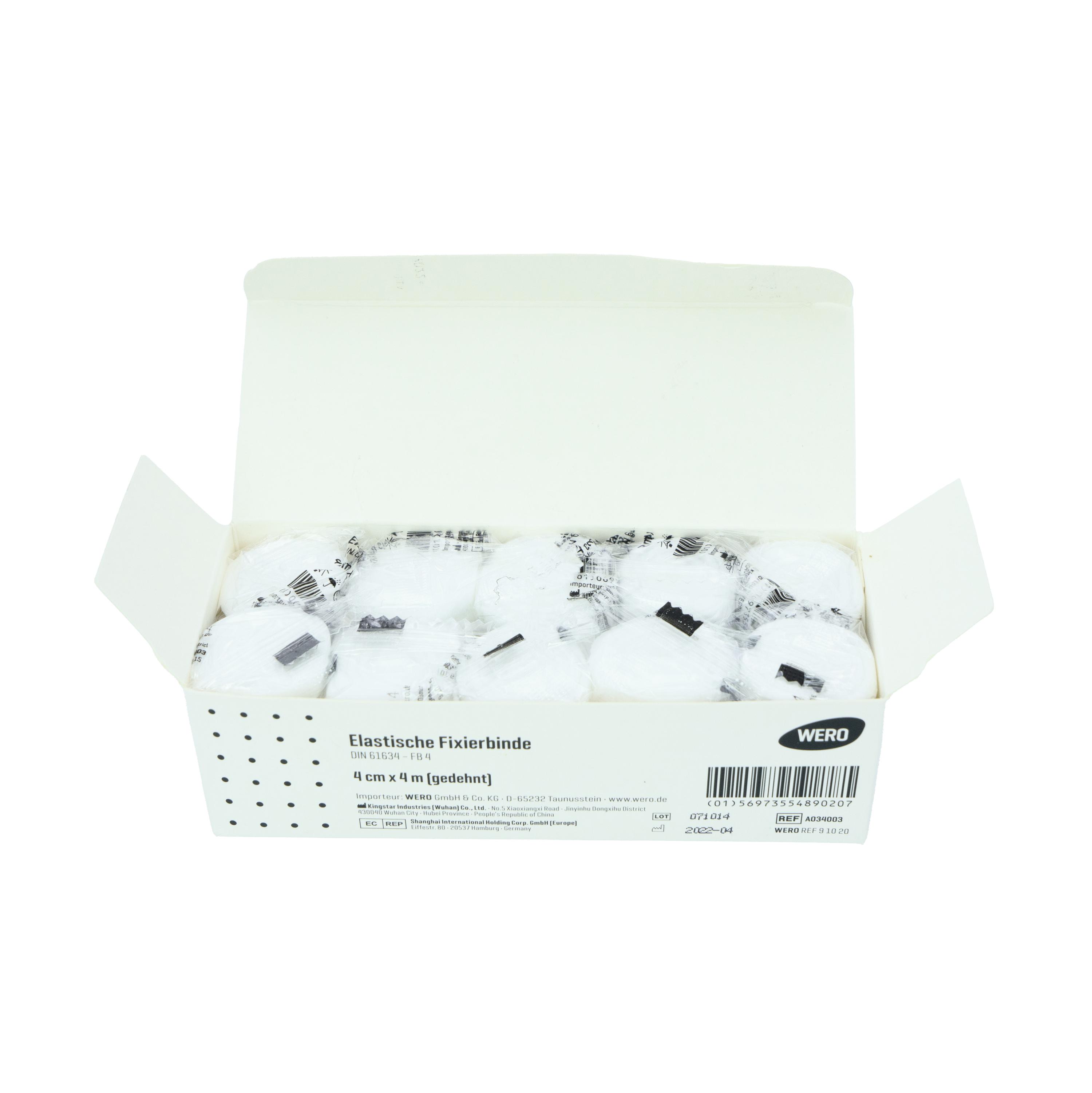 Eine geöffnete Box Mullbinde Elastische Fixierbinde DIN 61634 - 4 cm, 10 Stk zeigt einzeln verpackte, dehnbare und weiche Fixierbinden aus atmungsaktivem Material.