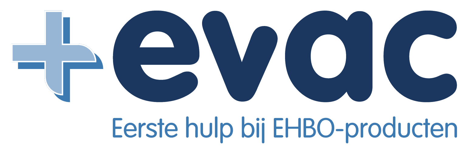 evac Logo mit blauem Pluszeichen und Slogan „Eerste hulp bij EHBO-producten“