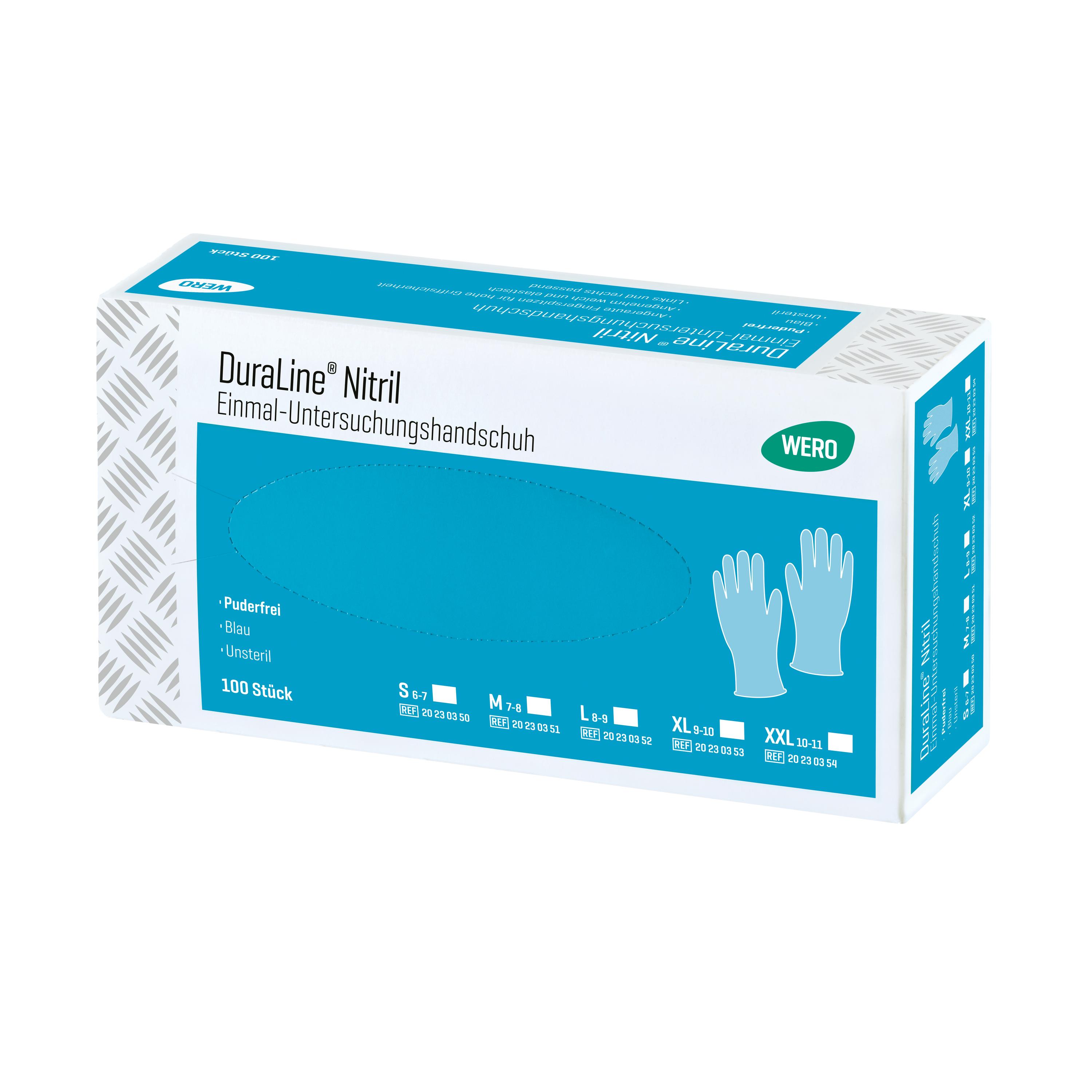 Eine Verpackung WERO DuraLine® Nitril Einmal-Untersuchungshandschuh - Blau, M (7-8) mit Abbildung von zwei blauen, besonders allergiearmen Handschuhen.