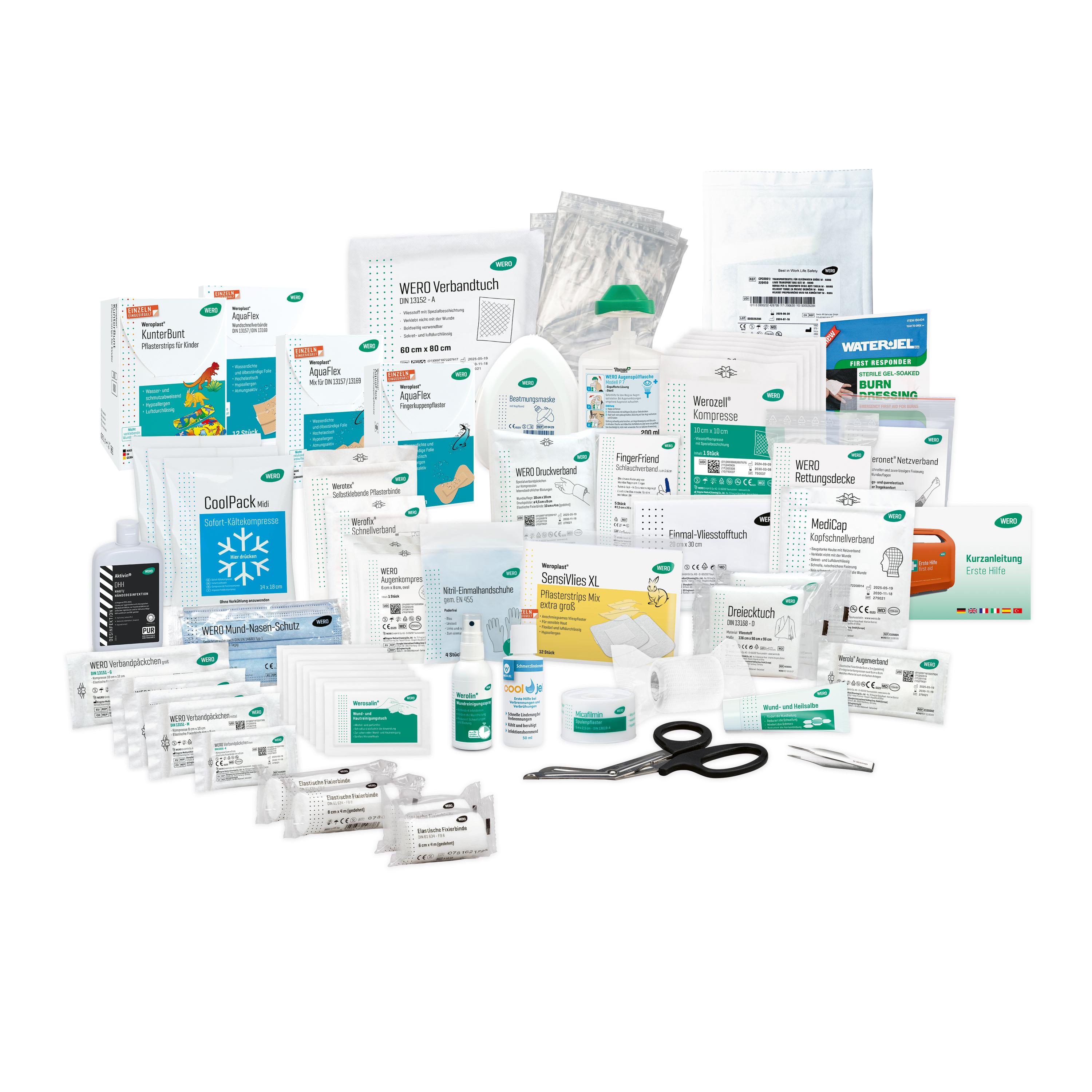 Eine große Auswahl an Füllung für Erste Hilfe Koffer Schwimmbad / Spa mit Pflastern, Verbänden, Desinfektionsmittel und Zubehör, übersichtlich angeordnet.