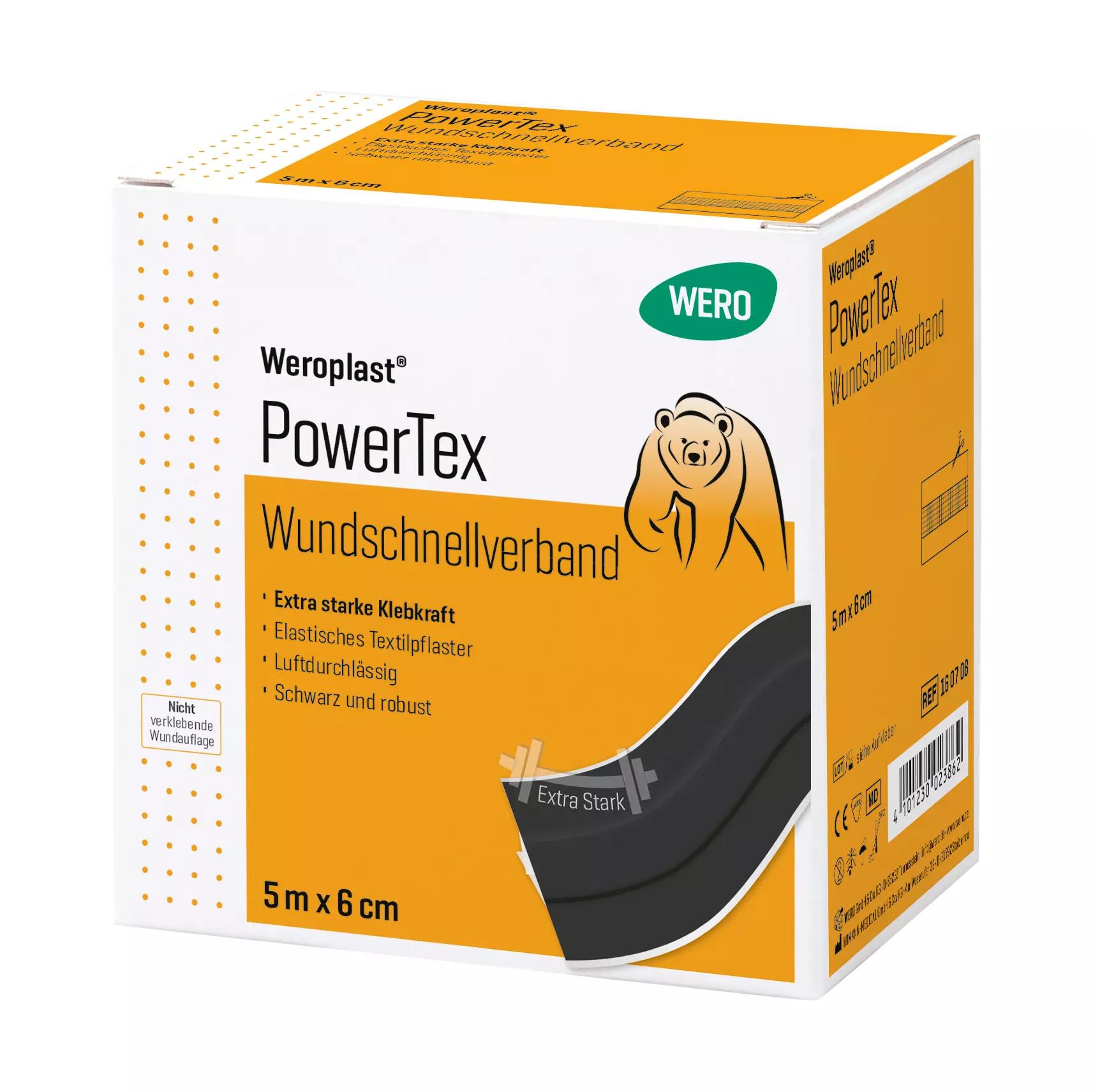 Weiße Box Wundschnellverband Weroplast® PowerTex mit gelb-oranger Etikettierung, extra starke Klebkraft, schwarzes elastisches Gewebe, 6 cm x 5 m.