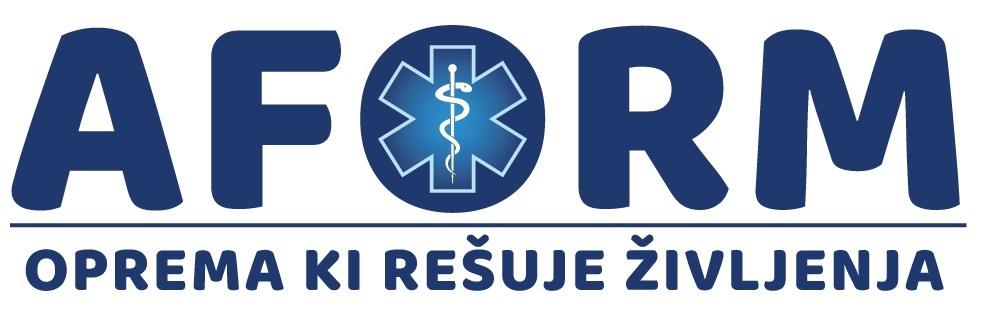 AFORM Logo mit blauem Schriftzug, Stern und Äskulapstab, darunter Slogan „OPREMA KI RESUJE ŽIVLJENJA“.