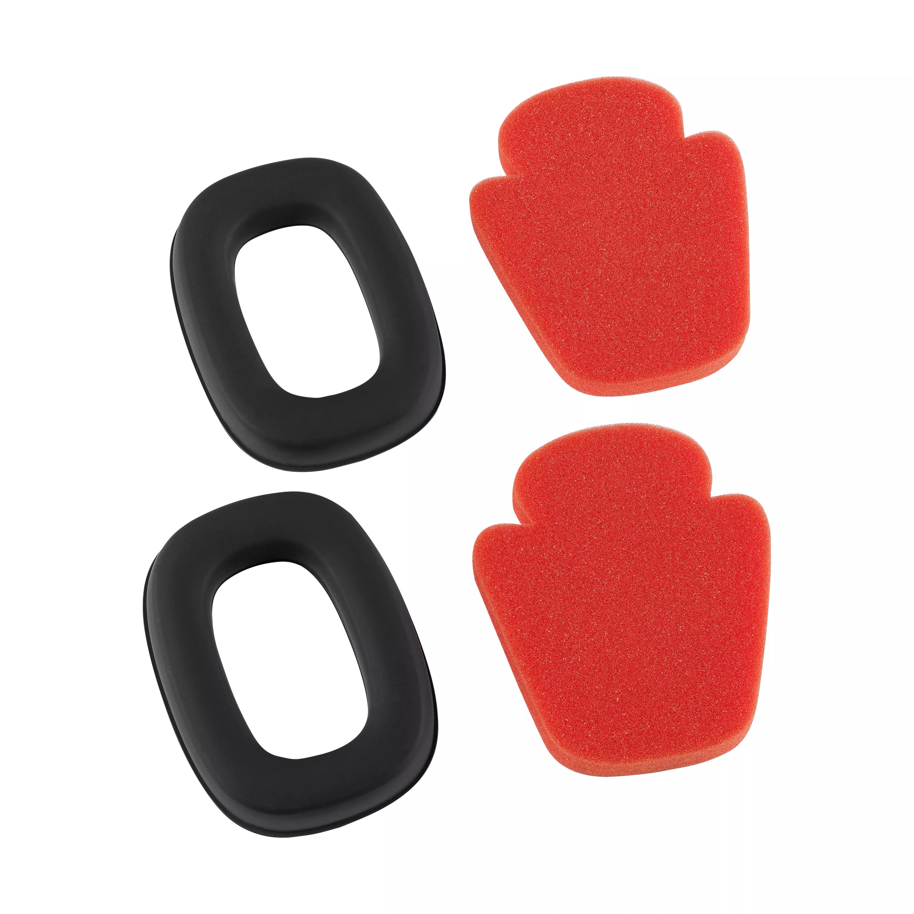 Zwei schwarze Ohrstöpsel und rote, schaumstoffartige Ohrpolster des Hygiene-Kit für Honeywell VeriShield™ 100 - VS130 liegen paarweise nebeneinander.