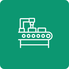 Eine technische Illustration zeigt einen Roboterarm über einem weißen Förderband mit kreisförmigen Öffnungen.