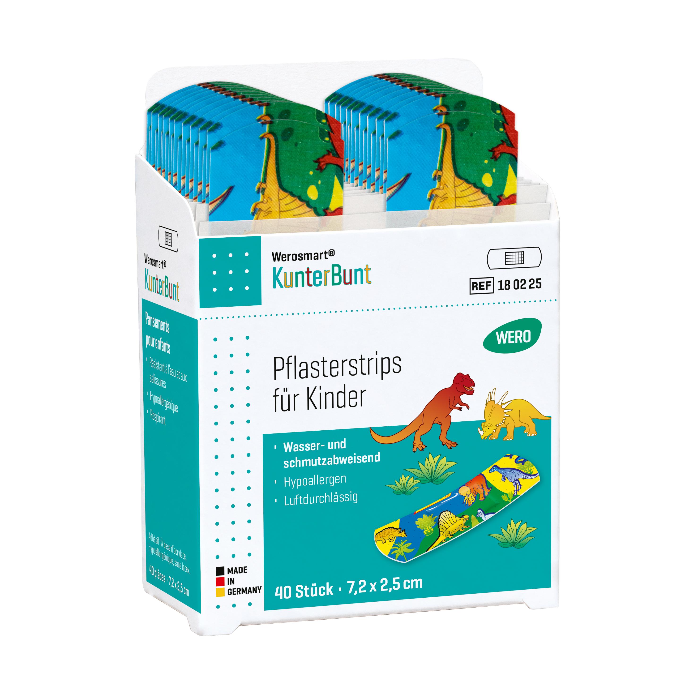 Die Box Werosmart® KunterBunt für Kinder Pflasterspender-Einsätze Pflasterstrips zeigt 40 einzeln verpackte, bunt bedruckte Kinderpflaster mit Dinosauriermotiven.