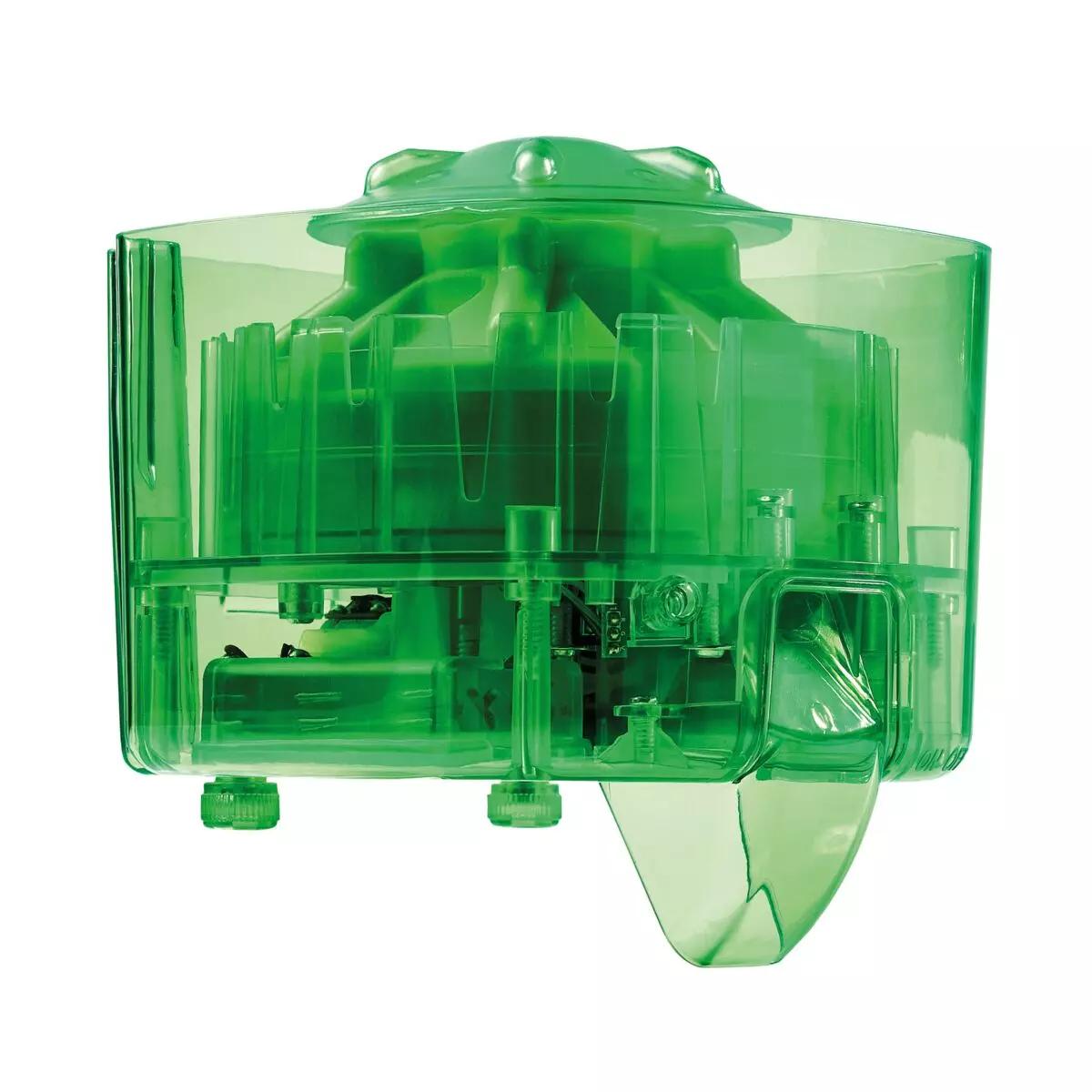 Transparenter, grüner MOLDEX TouchFree Spendermechanismus für Gehörschutzspender mit Kuppeldeckel, sichtbaren Innenkomponenten und Auslassdüse vorn.